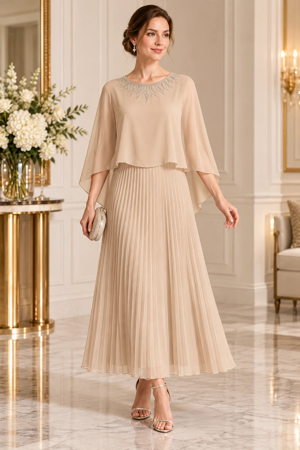 Beaded Cape Sleeve Pleated Chiffon Mother of the Bride Dress