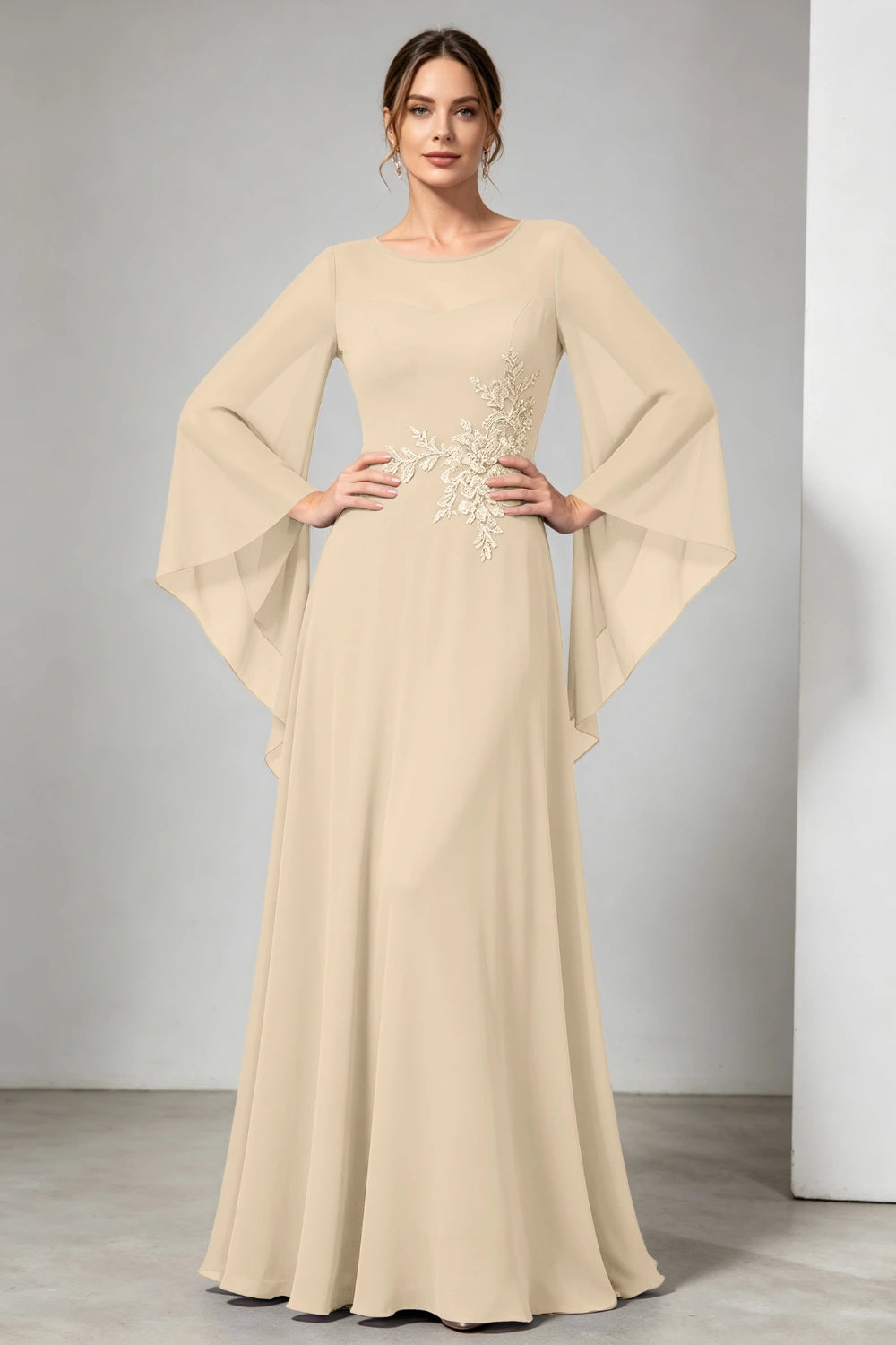 Purple Beaded Waist Sheer Yoke Long Sleeve Chiffon Mother of the Bride Dress