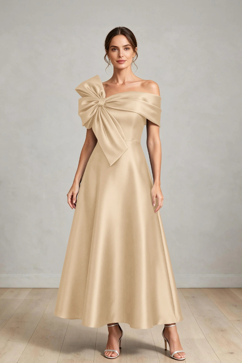 Oversized Bow Off-Shoulder Satin Midi Mother of the Bride Dress