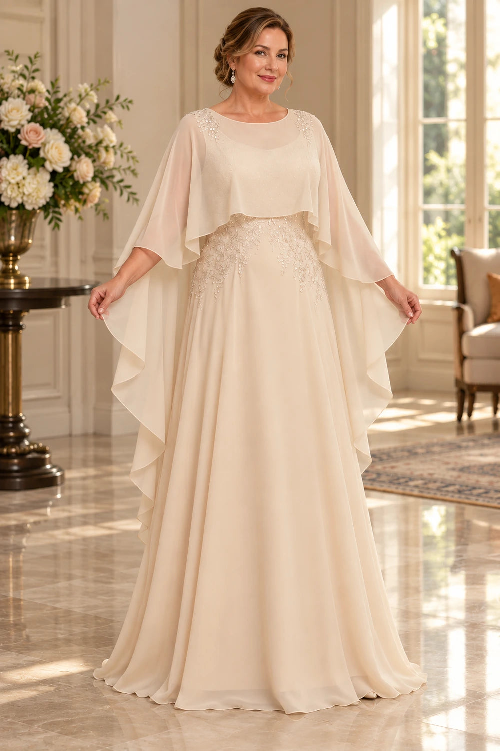 Champagne Cape and Embellished Waist Mother of the Bride Gown