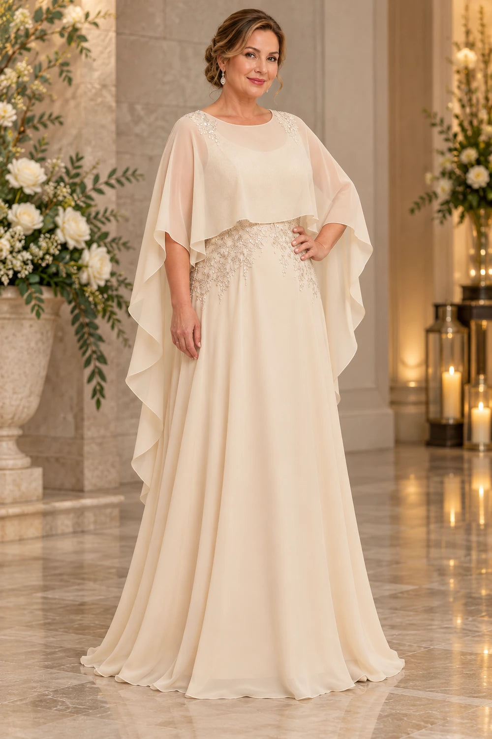 Champagne Cape and Embellished Waist Mother of the Bride Gown