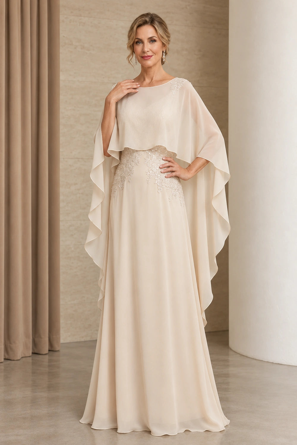 Champagne Cape and Embellished Waist Mother of the Bride Gown