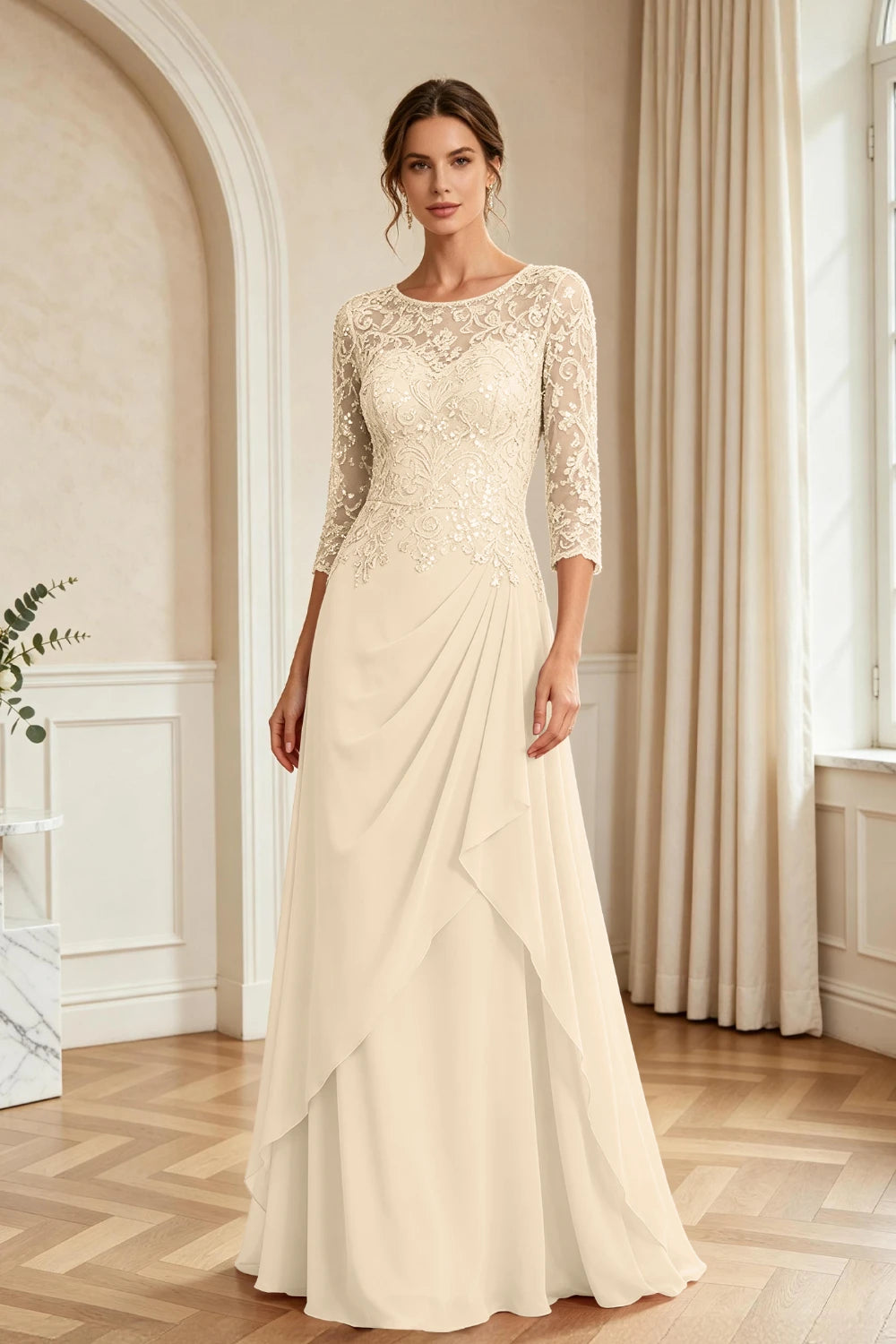 Dusty Rose Lace Bodice Three-Quarter Sleeve Draped Chiffon Floor-Length Dress