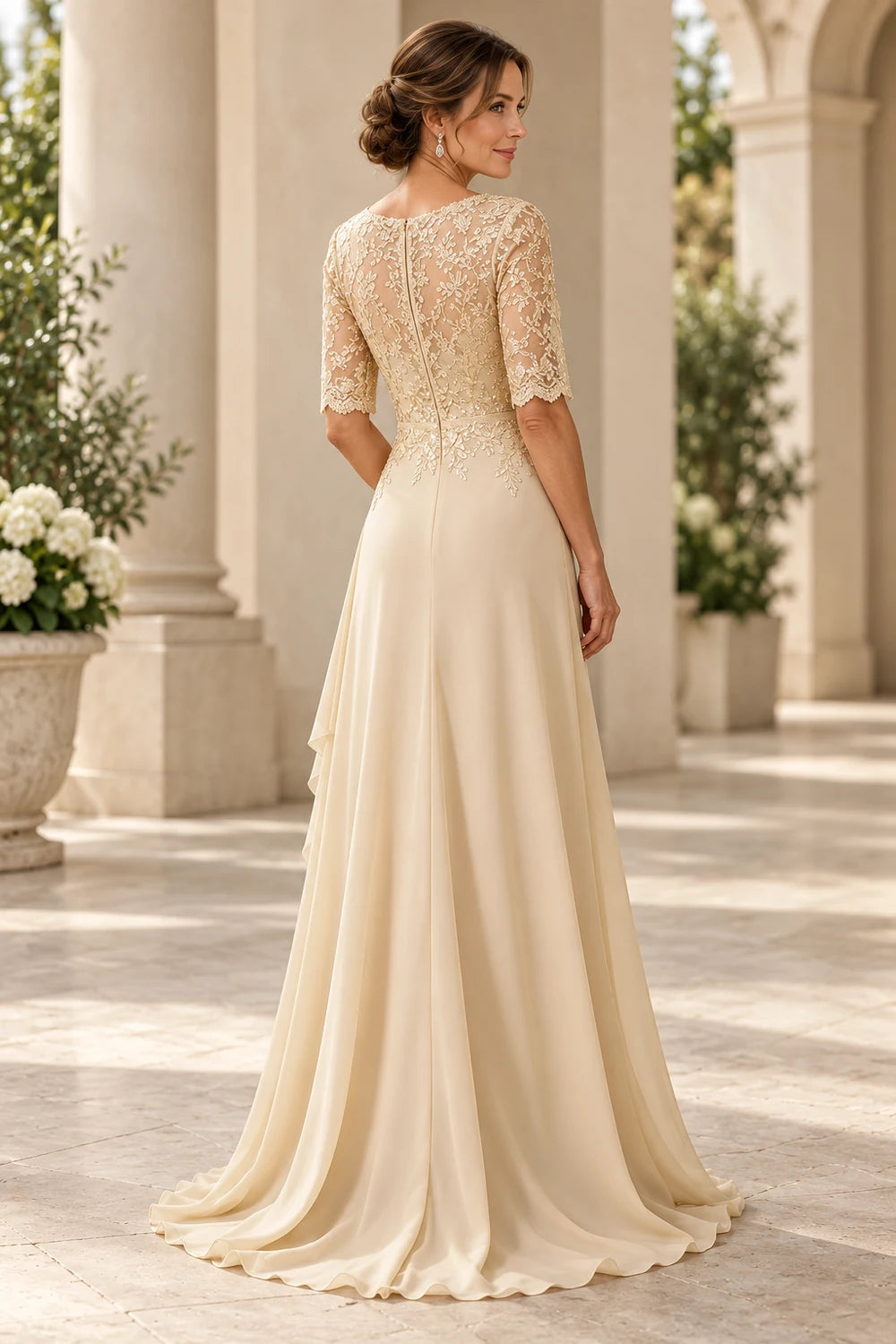 Lace Bodice Three-Quarter Sleeve Draped Side Chiffon Floor-Length Dress