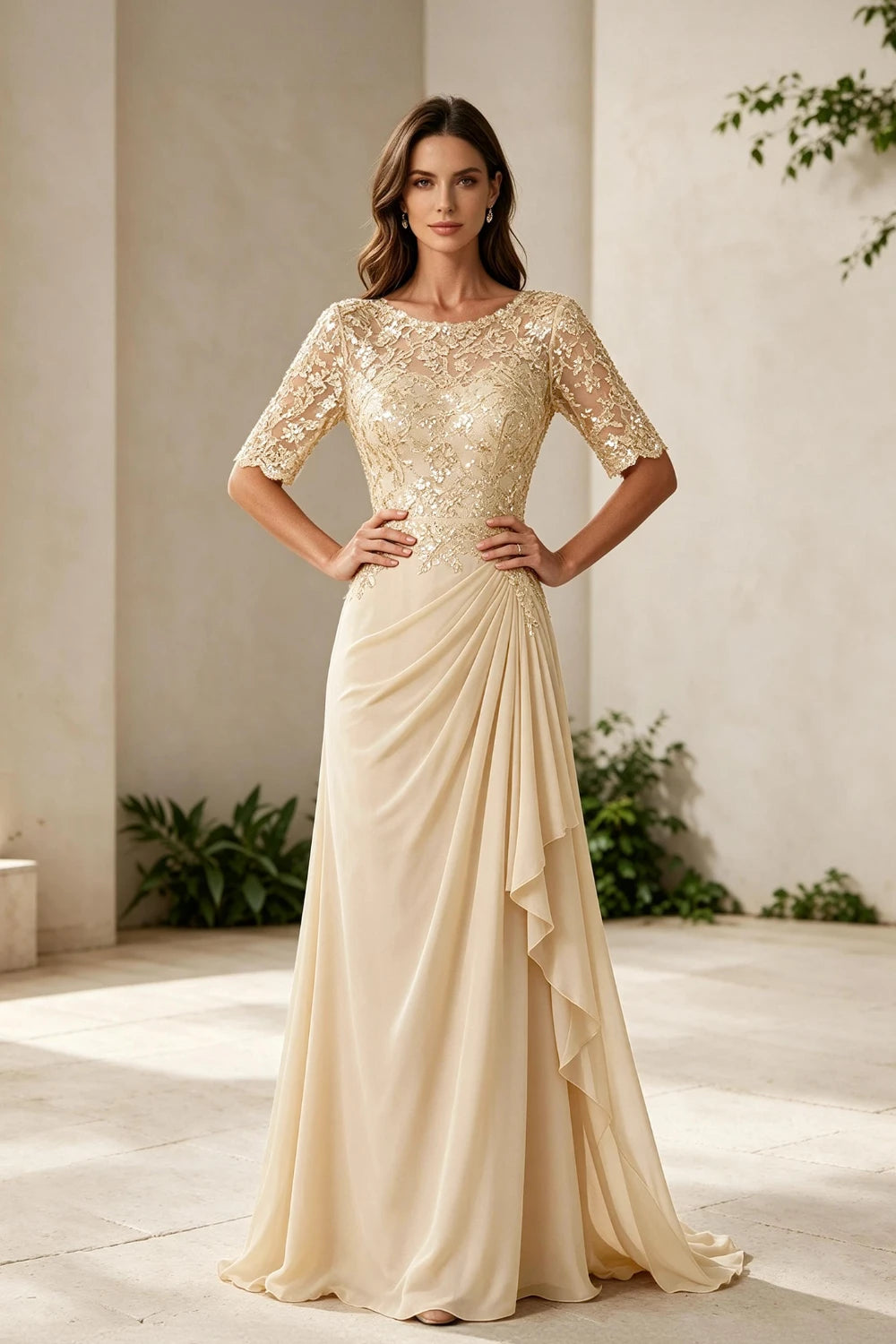 Champagne Lace Bodice Three-Quarter Sleeve Draped Side Chiffon Floor-Length Dress