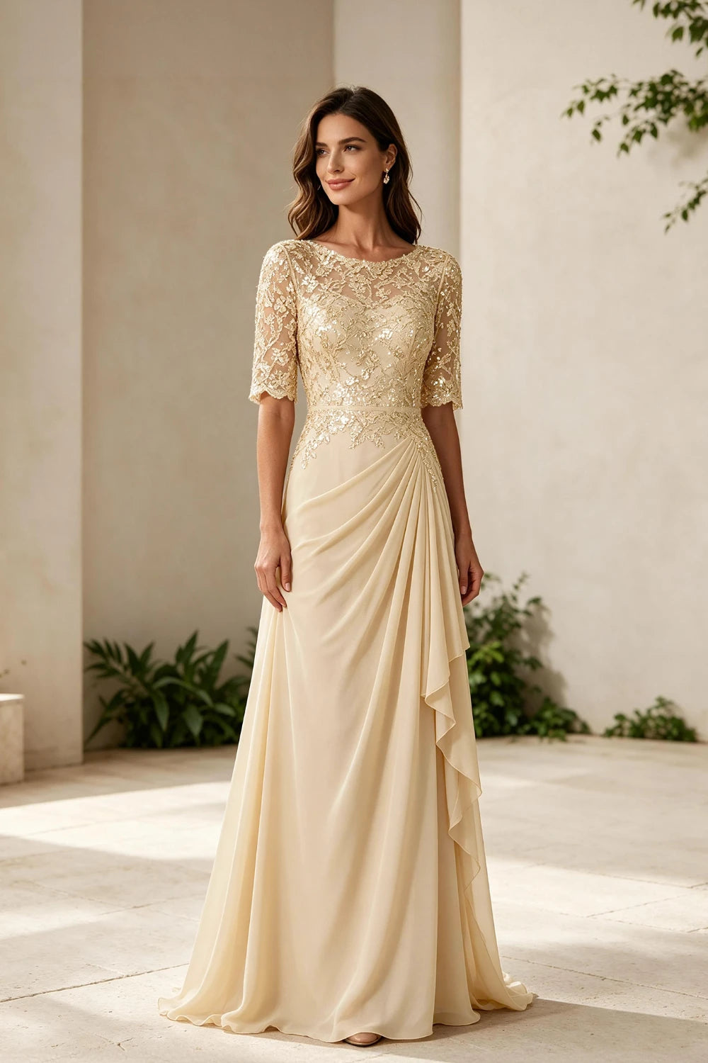 Champagne Lace Bodice Three-Quarter Sleeve Draped Side Chiffon Floor-Length Dress