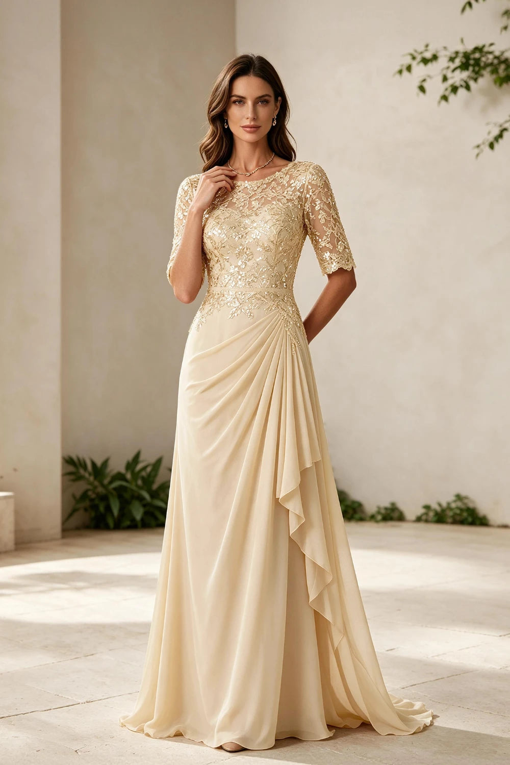 Champagne Lace Bodice Three-Quarter Sleeve Draped Side Chiffon Floor-Length Dress
