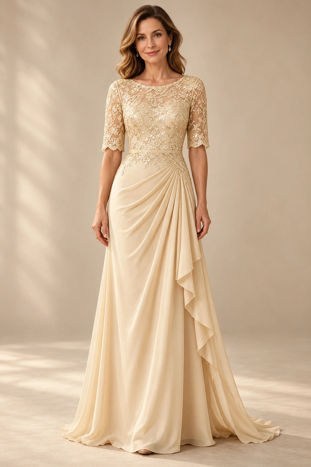 Lace Bodice Three-Quarter Sleeve Draped Side Chiffon Floor-Length Dress