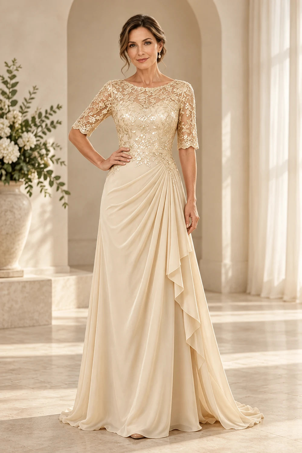 Lace Bodice Three-Quarter Sleeve Draped Side Chiffon Floor-Length Dress