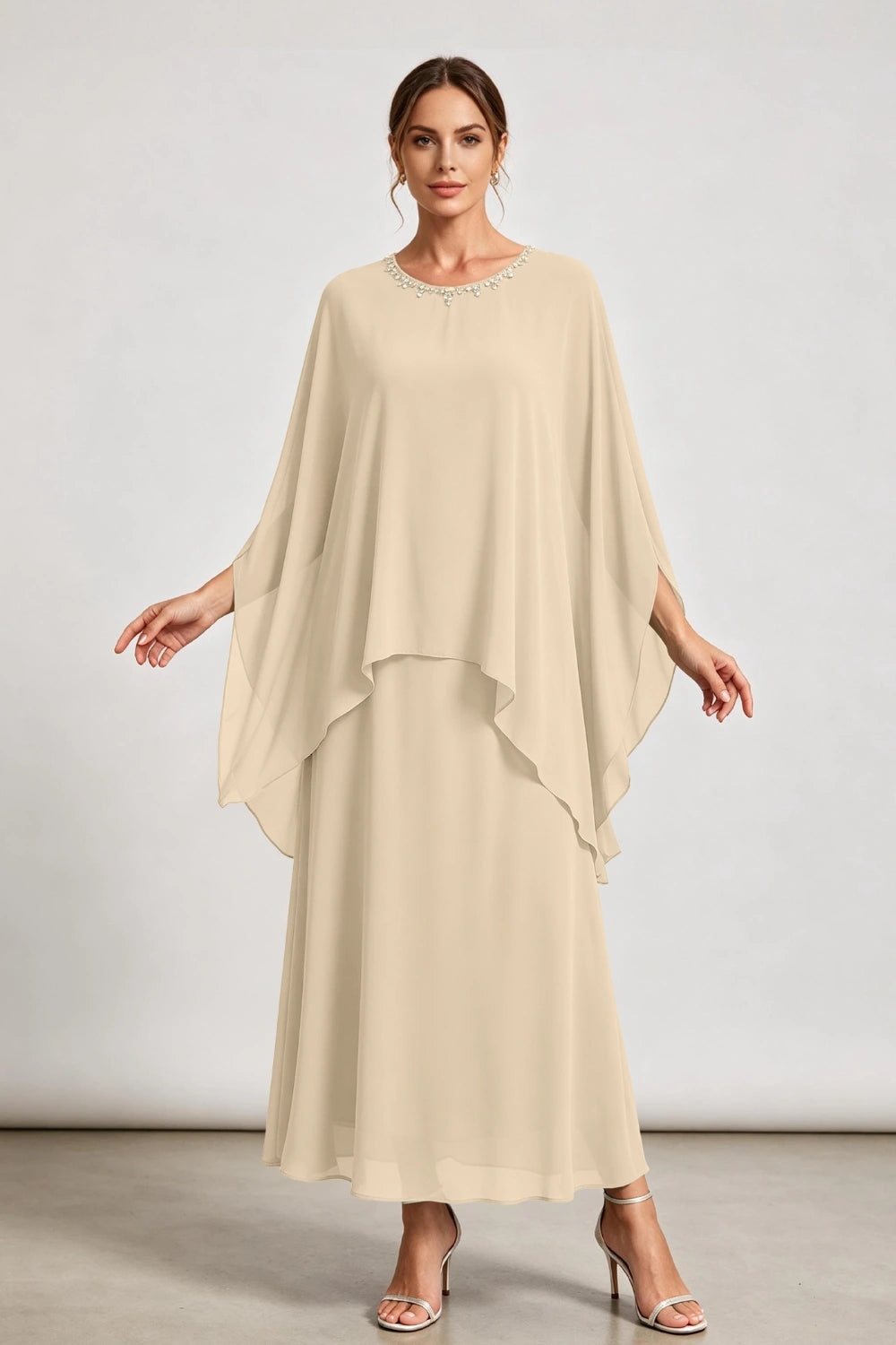 Dusty Sage Beaded Neck Draped Overlay Chiffon Mother of the Bride Dress