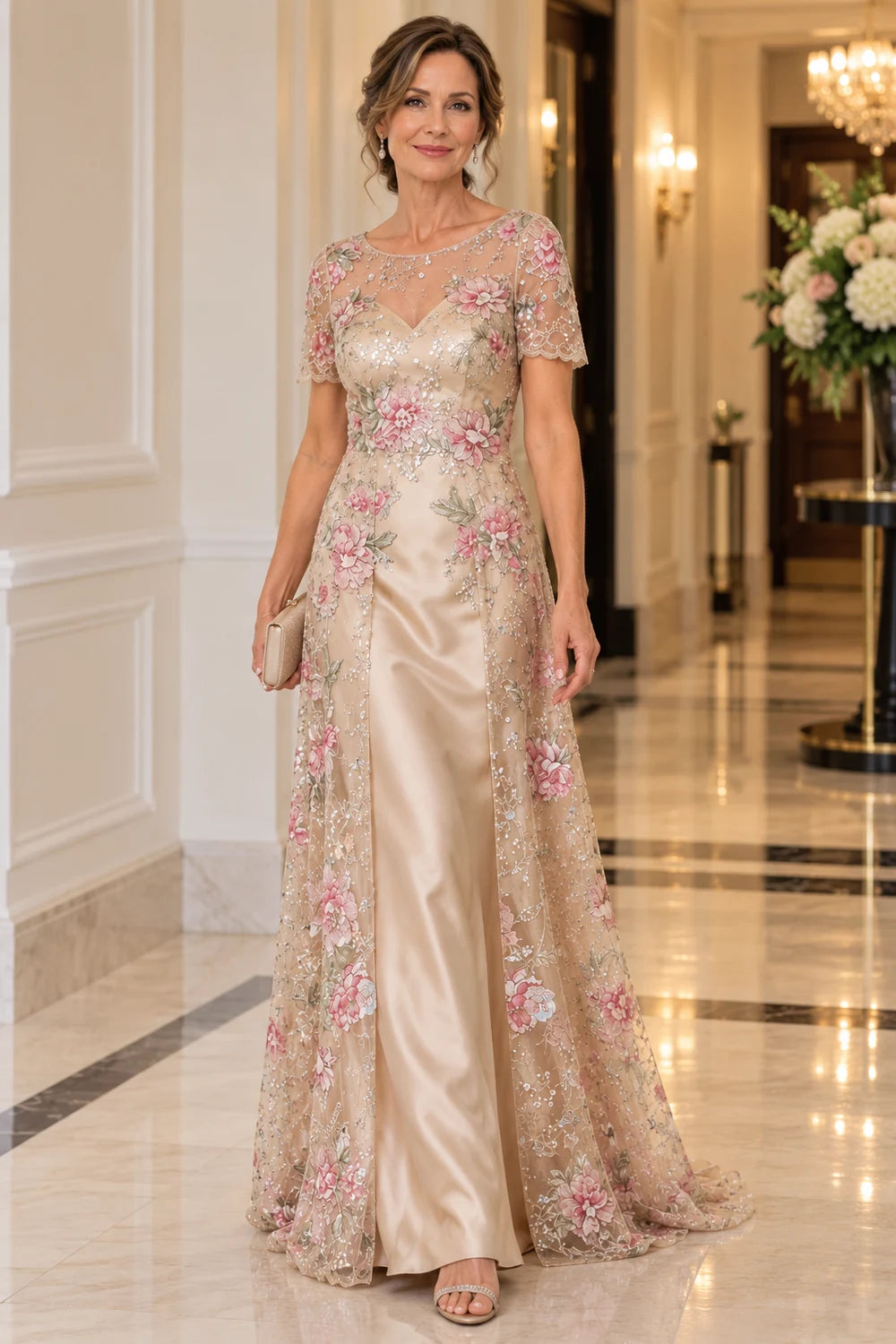 Champagne Floral Split Overlay Mother of the Bride Gown