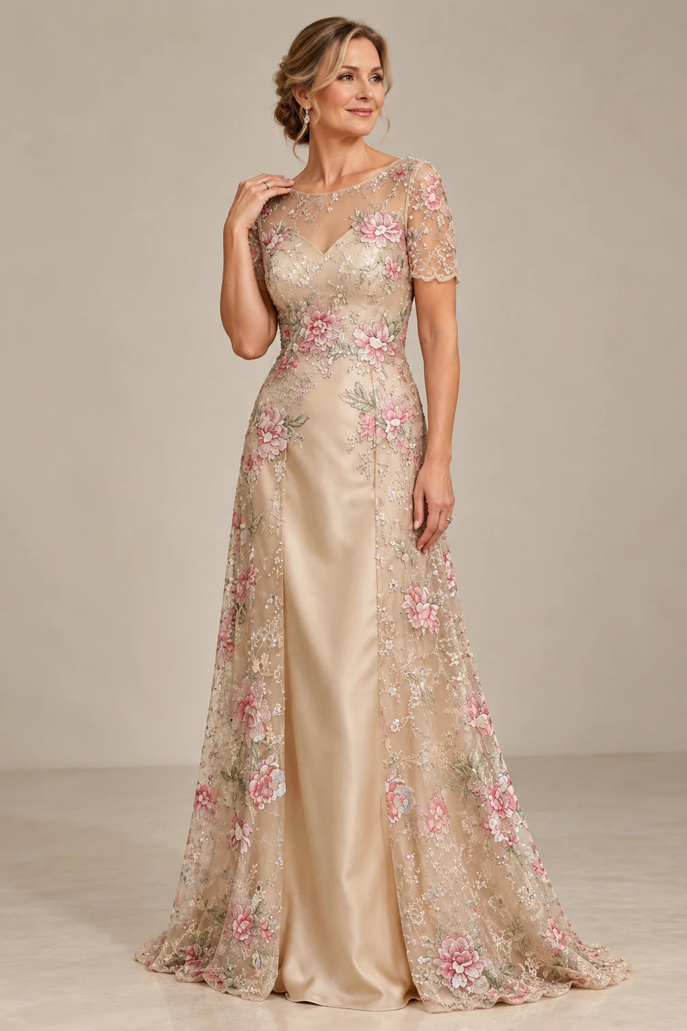 Champagne Floral Split Overlay Mother of the Bride Gown
