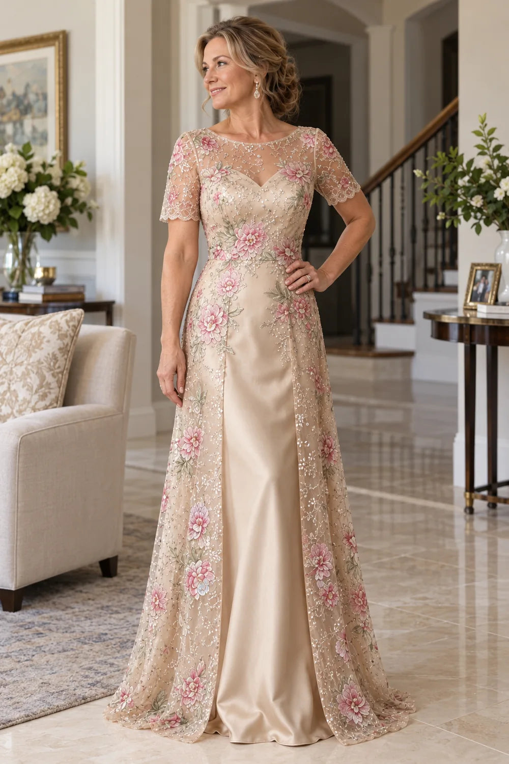 Champagne Floral Split Overlay Mother of the Bride Gown
