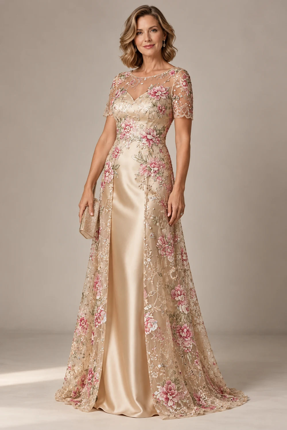 Champagne Floral Split Overlay Mother of the Bride Gown