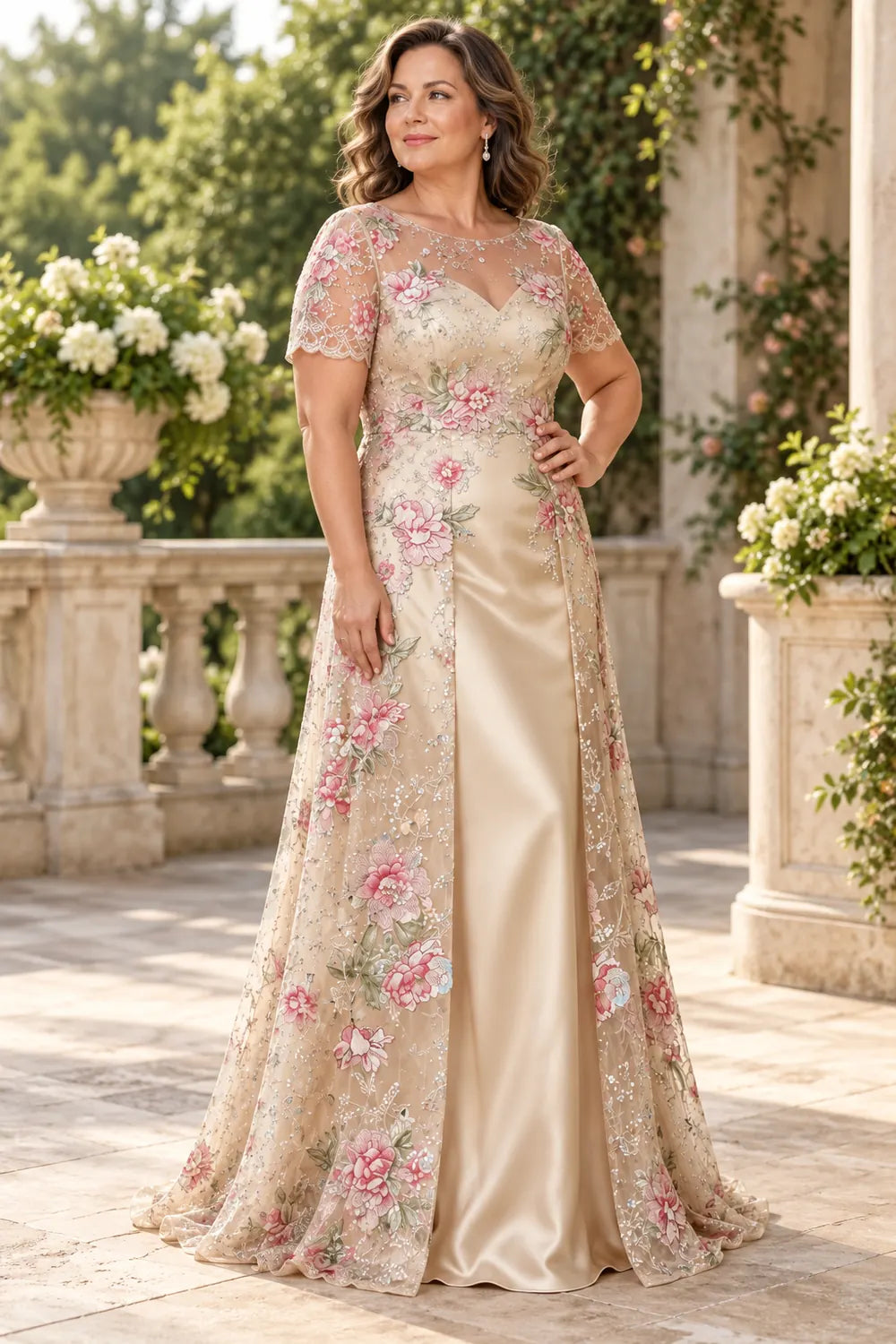 Champagne Floral Split Overlay Mother of the Bride Gown