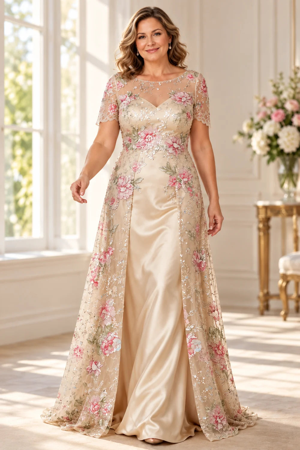 Champagne Floral Split Overlay Mother of the Bride Gown