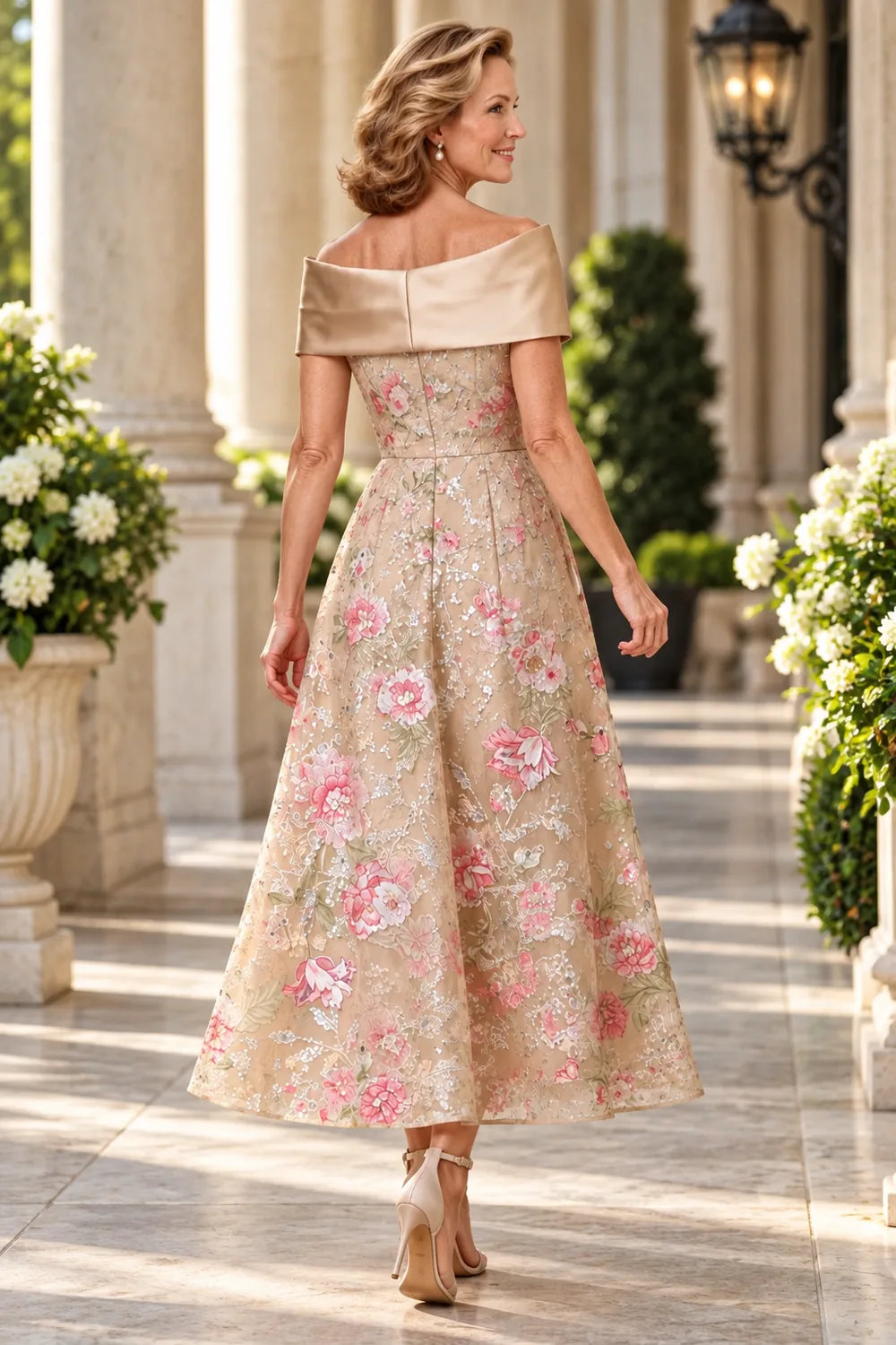 Champagne Gold Floral Shoulder Bow Mother of the Bride Dress