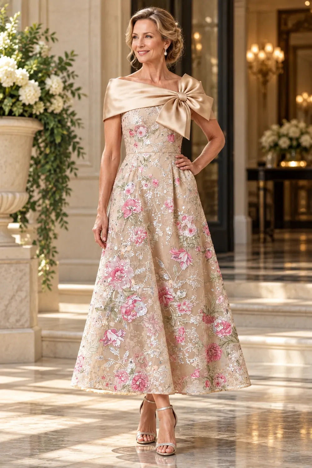 Champagne Gold Floral Shoulder Bow Mother of the Bride Dress