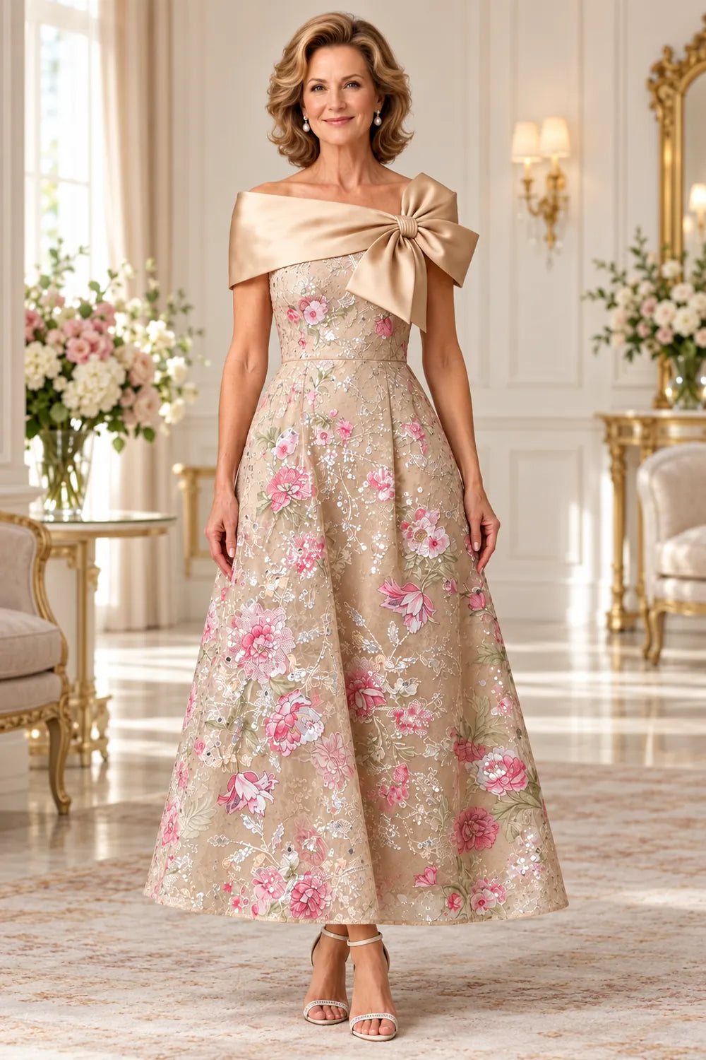 Champagne Gold Floral Shoulder Bow Mother of the Bride Dress