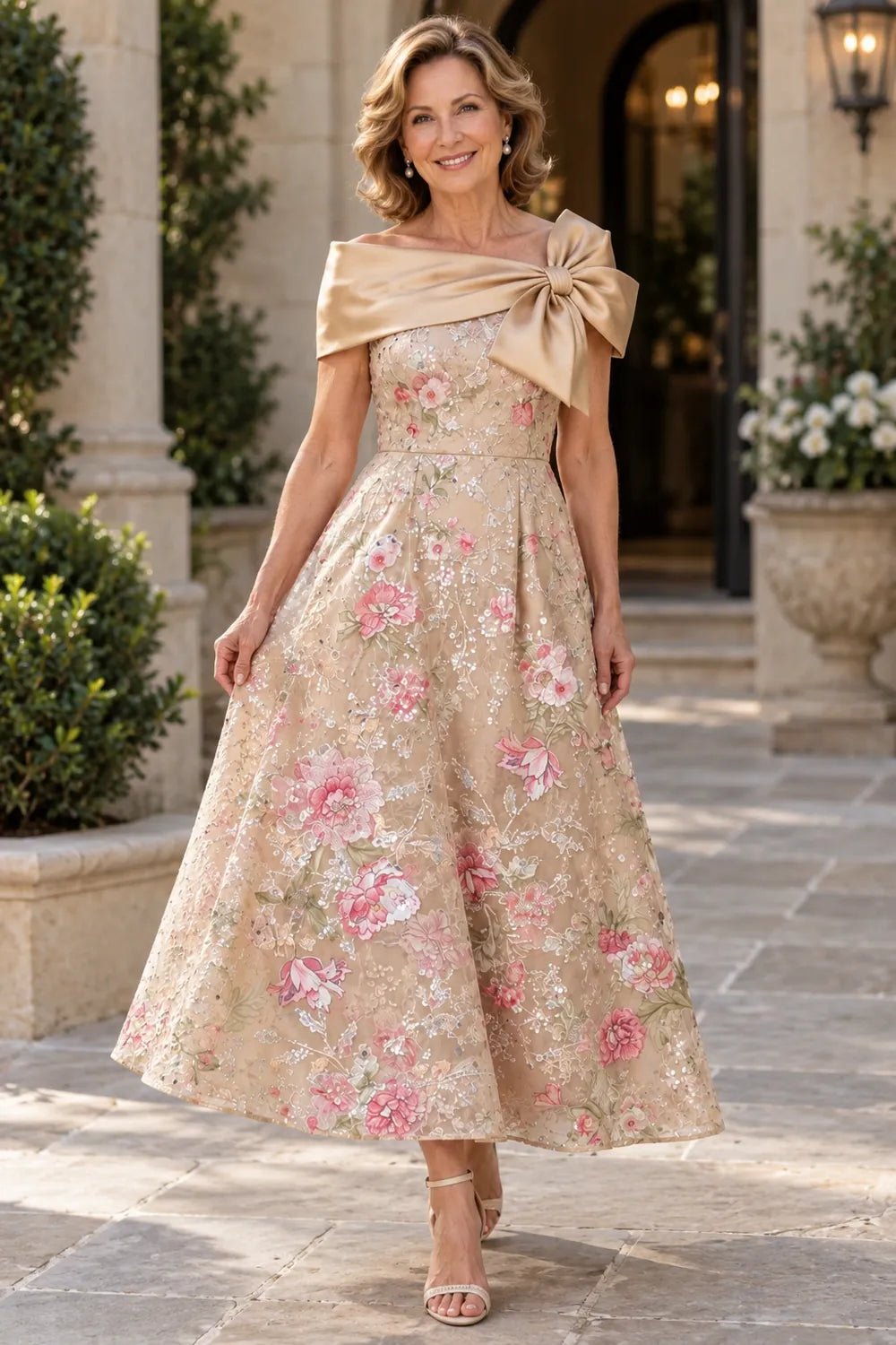 Champagne Gold Floral Shoulder Bow Mother of the Bride Dress