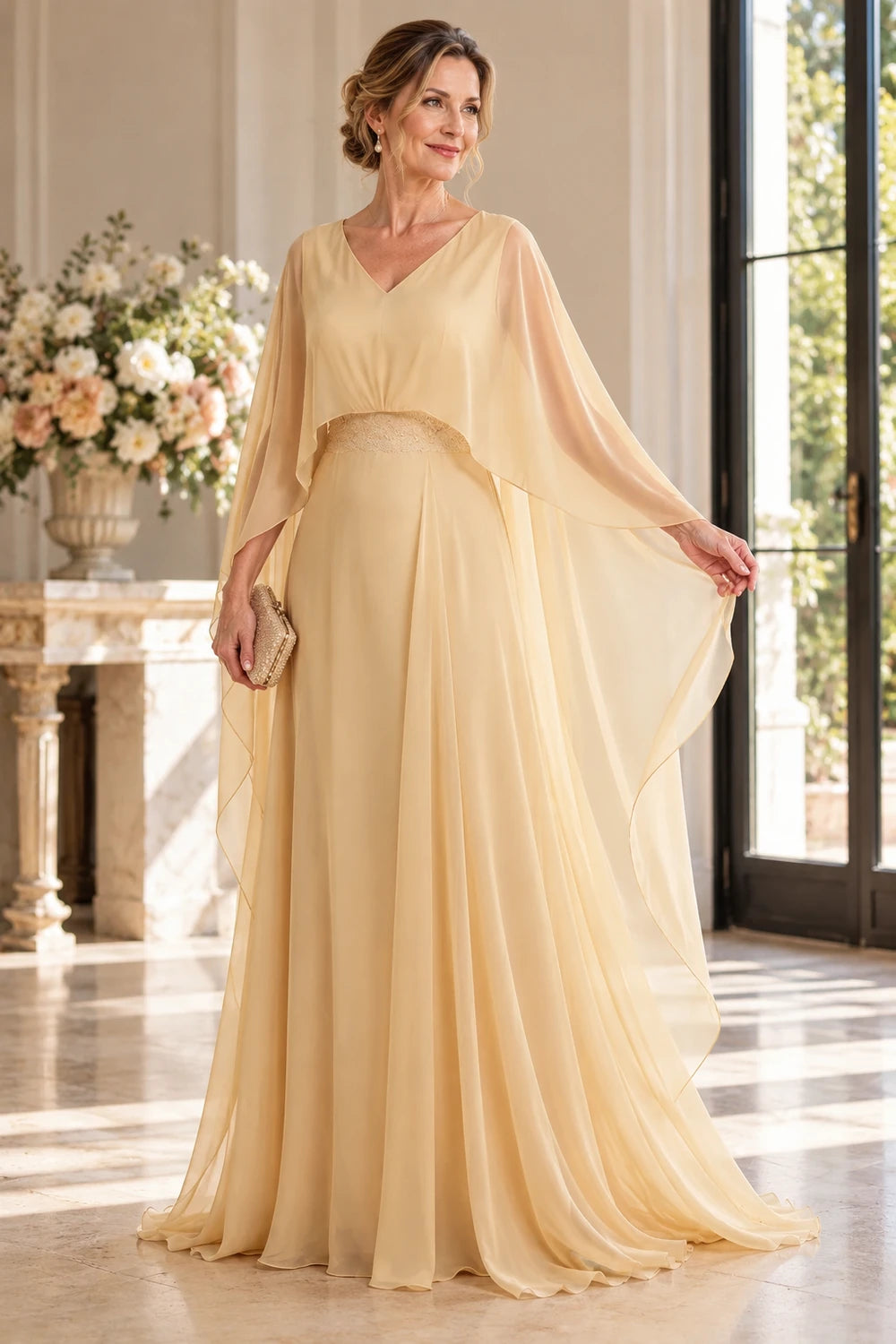 Champagne Gold Long Cape Mother of the Bride Gown