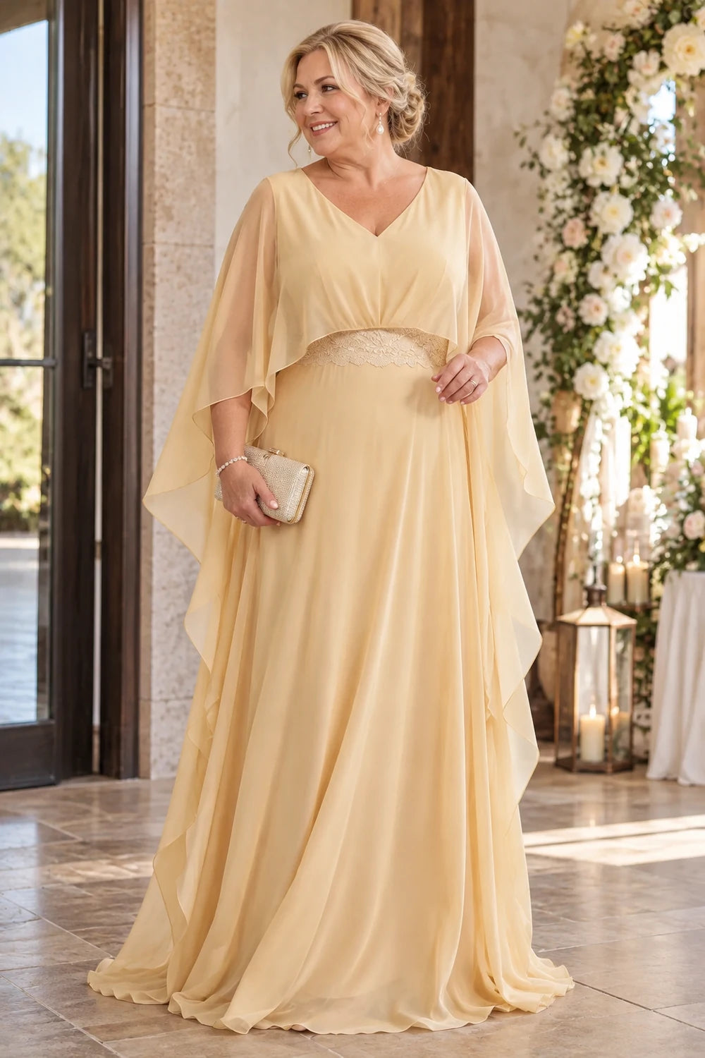 Champagne Gold Long Cape Mother of the Bride Gown