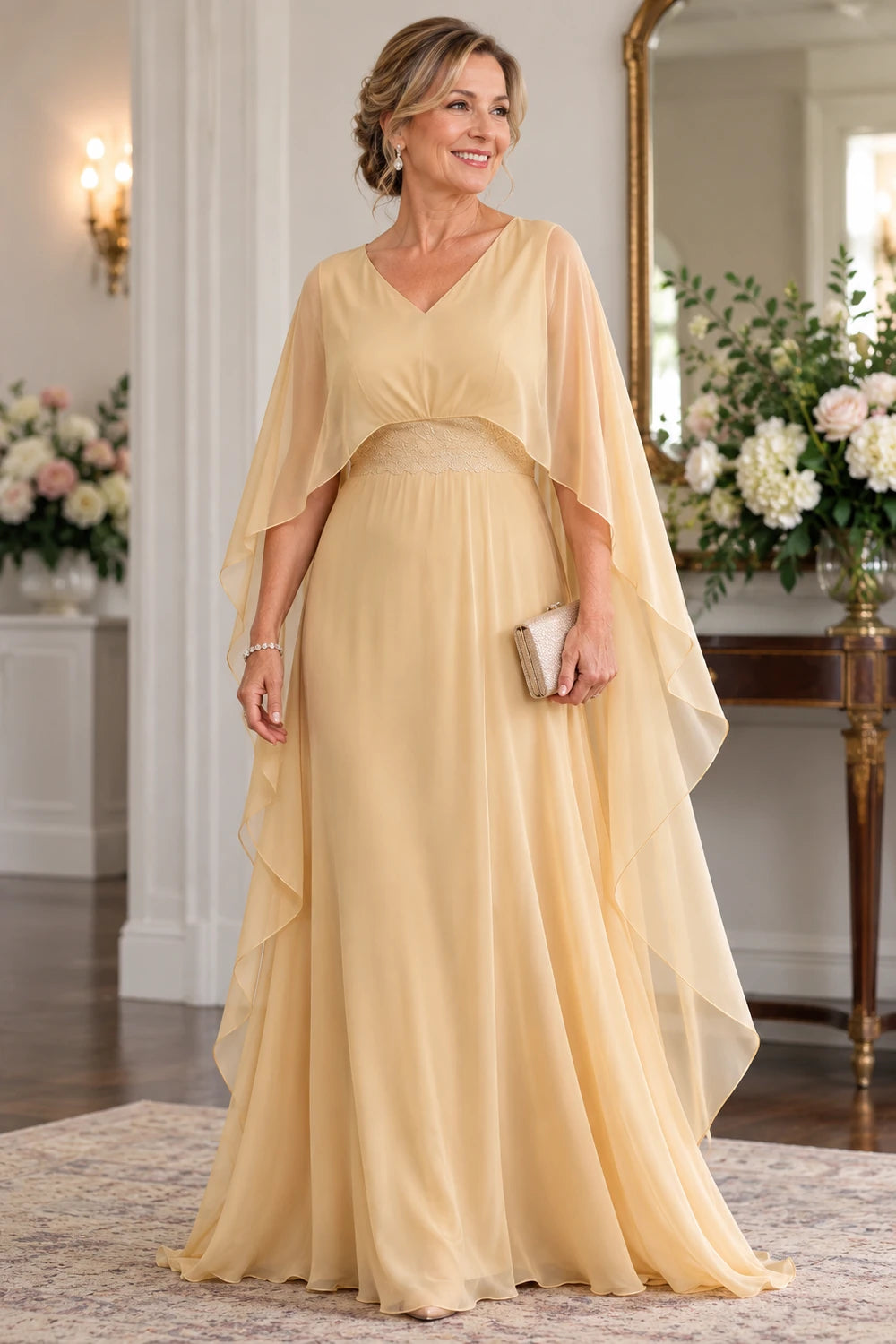 Champagne Gold Long Cape Mother of the Bride Gown