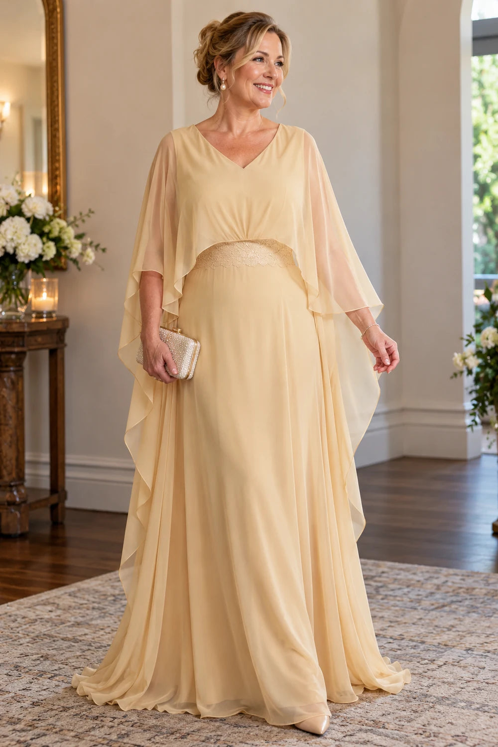 Champagne Gold Long Cape Mother of the Bride Gown