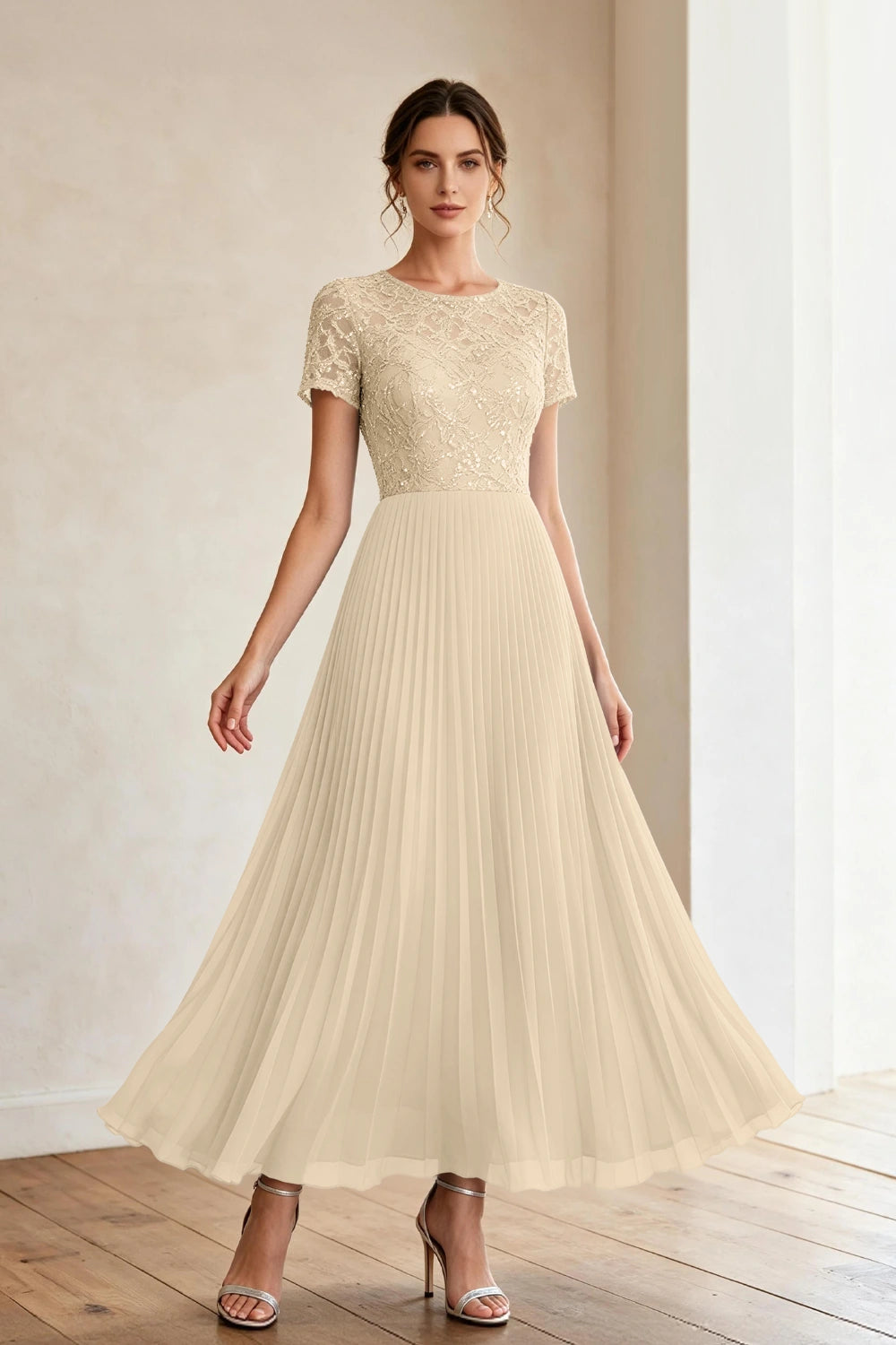 Dusty Blue Lace Short Sleeve Pleated Chiffon Tea-Length Dress