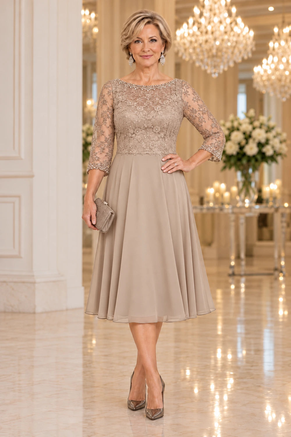 Champagne midi dress with a rounded neckline, floral lace bodice and sheer three-quarter sleeves, front view.