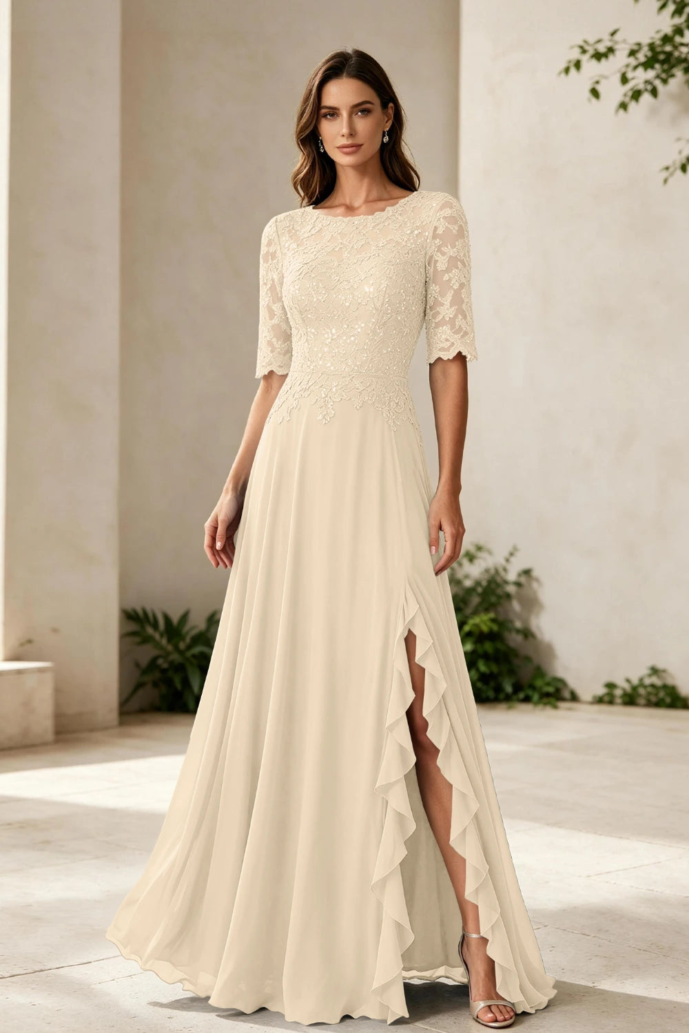 Dusty Blue Lace Bodice Three-Quarter Sleeve Ruffle Slit Chiffon Floor-Length Dress
