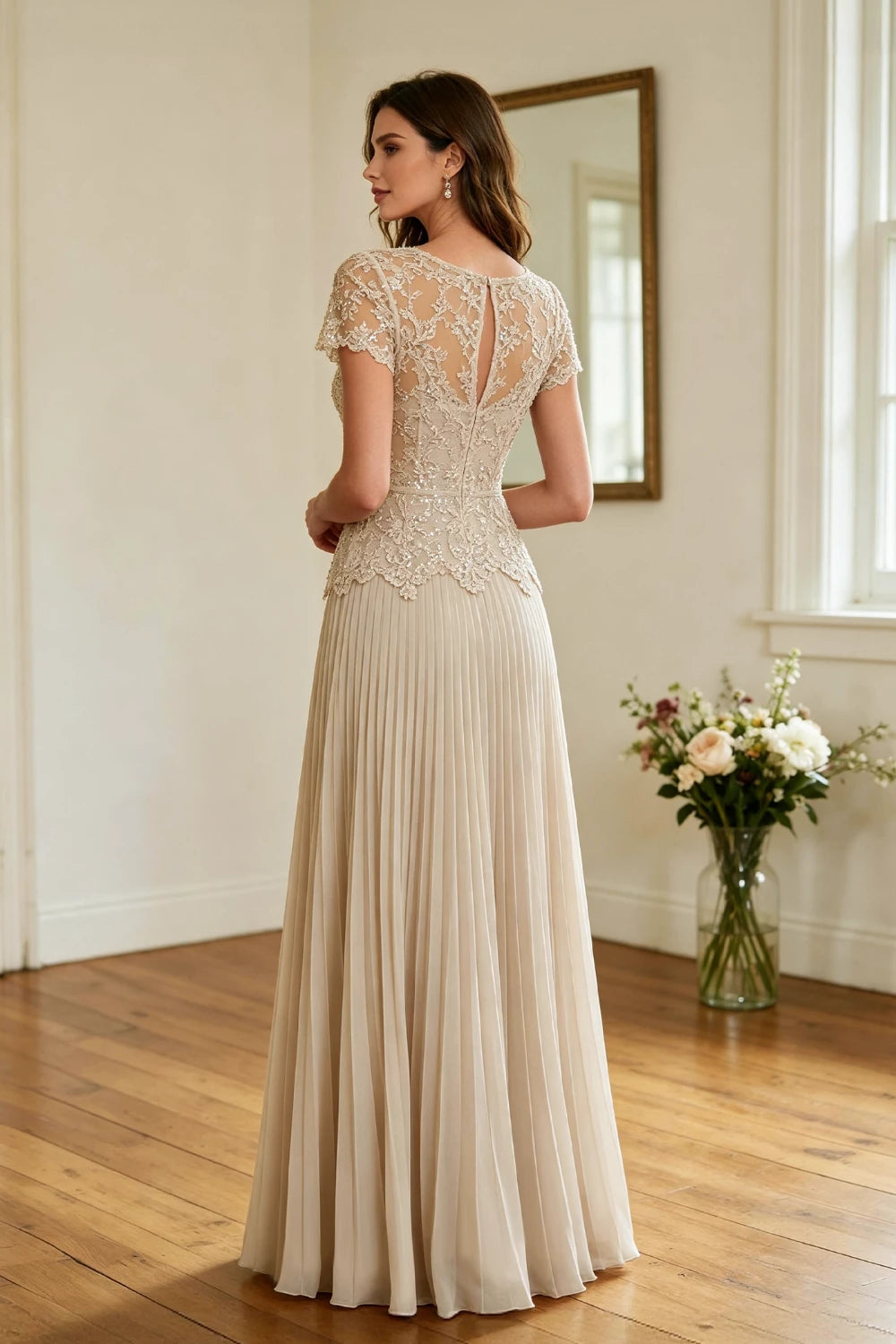 Champagne Lace Short Sleeve Pleated Chiffon Floor-Length Dress