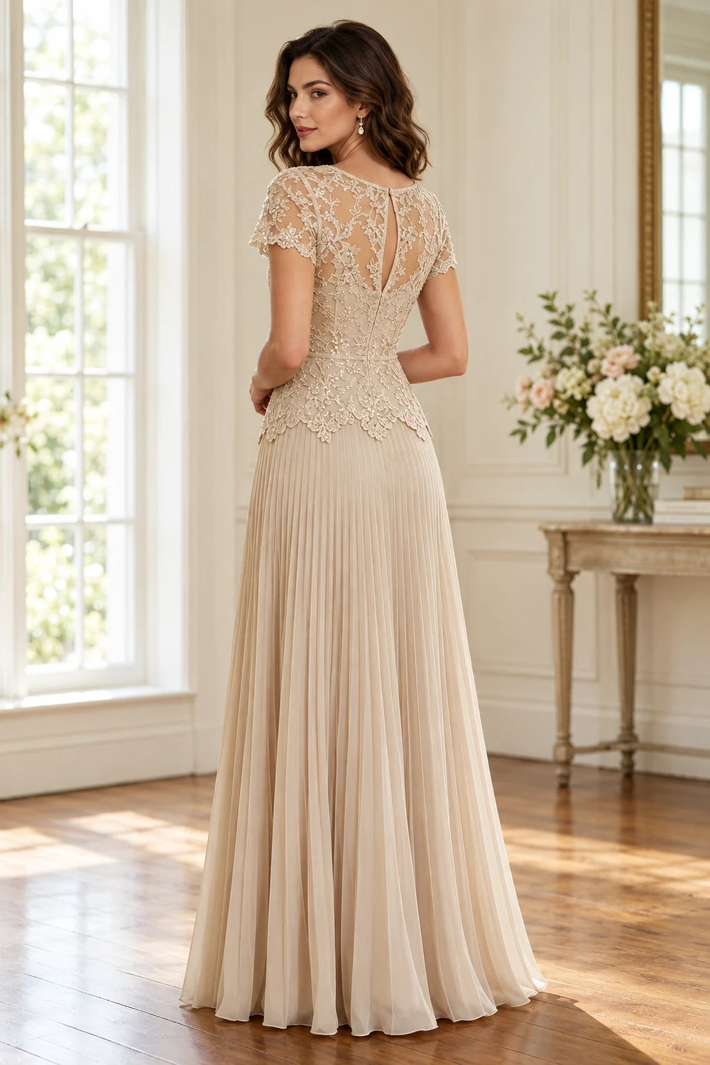 Lace Short Sleeve Pleated Chiffon Floor-Length Dress