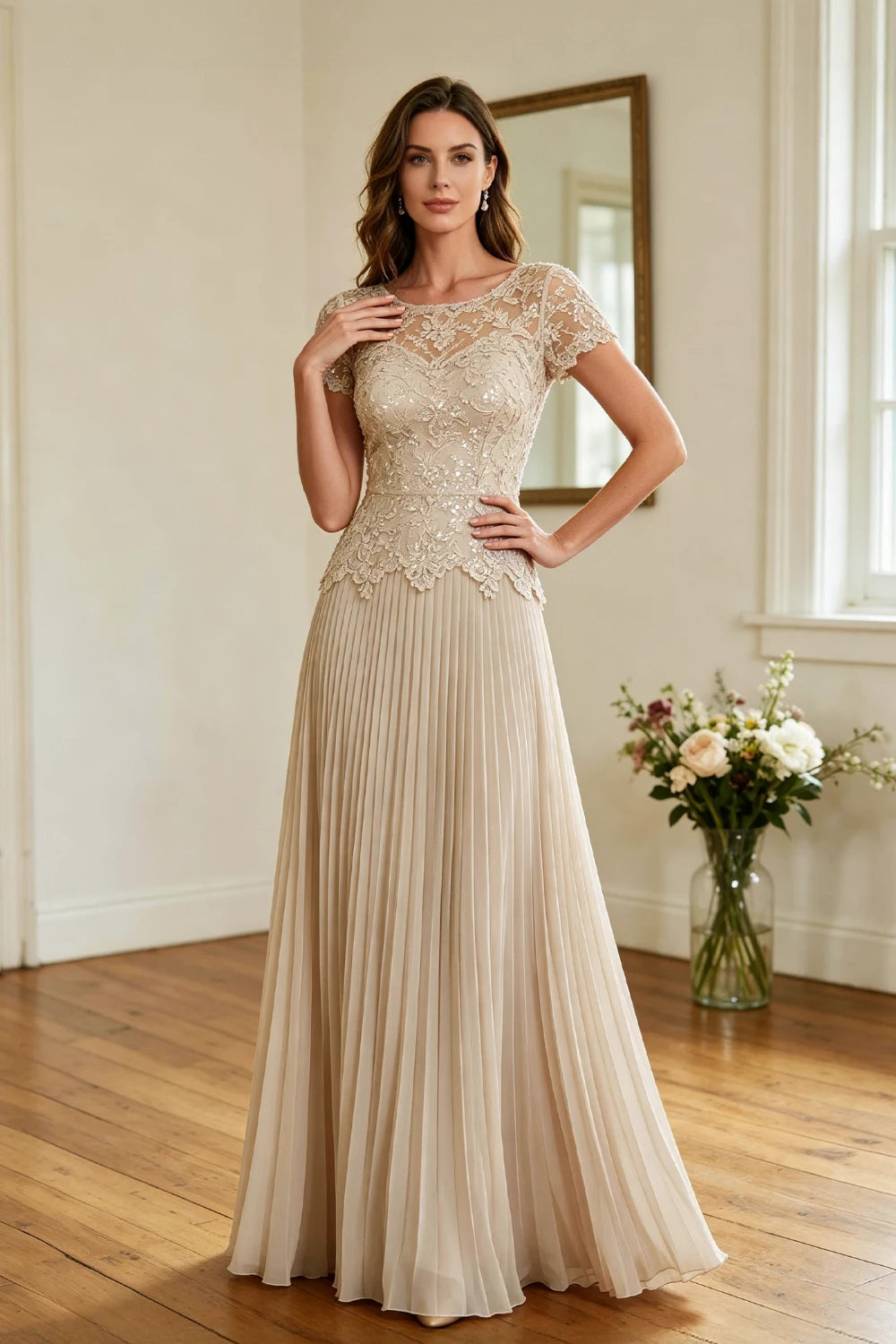 Champagne Lace Short Sleeve Pleated Chiffon Floor-Length Dress