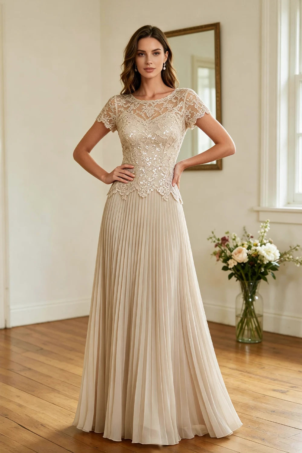 Champagne Lace Short Sleeve Pleated Chiffon Floor-Length Dress