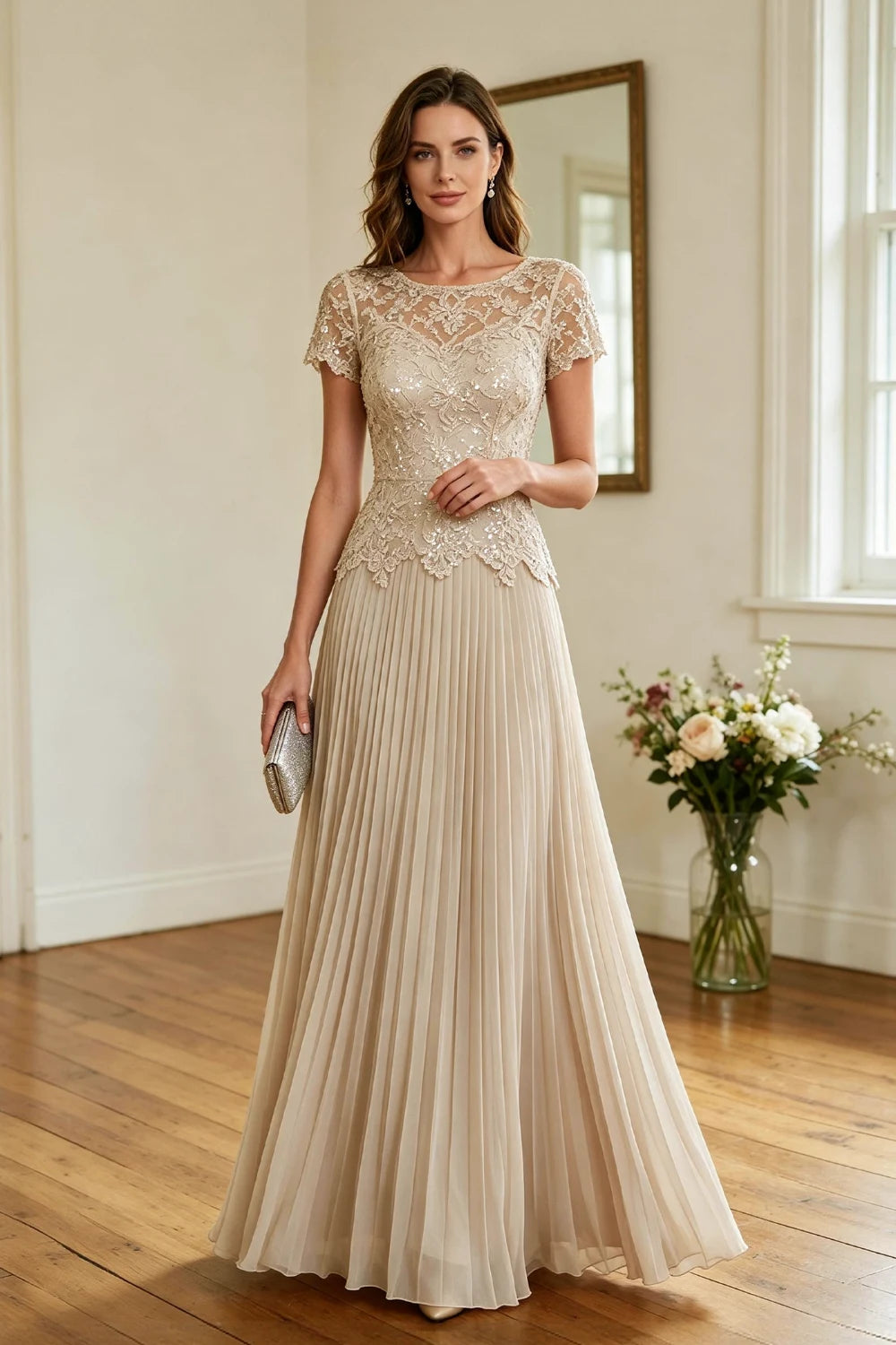 Champagne Lace Short Sleeve Pleated Chiffon Floor-Length Dress