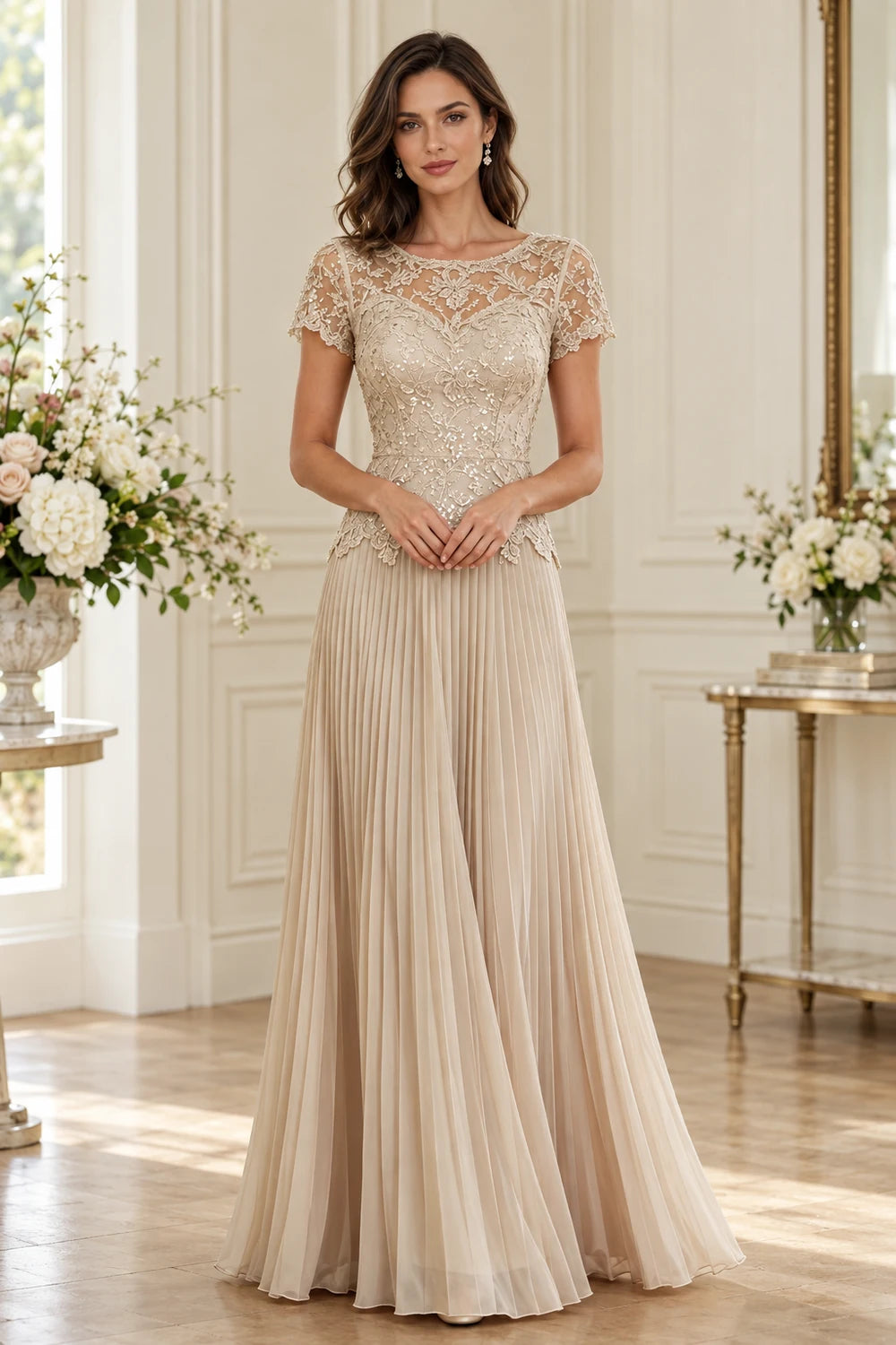 Lace Short Sleeve Pleated Chiffon Floor-Length Dress