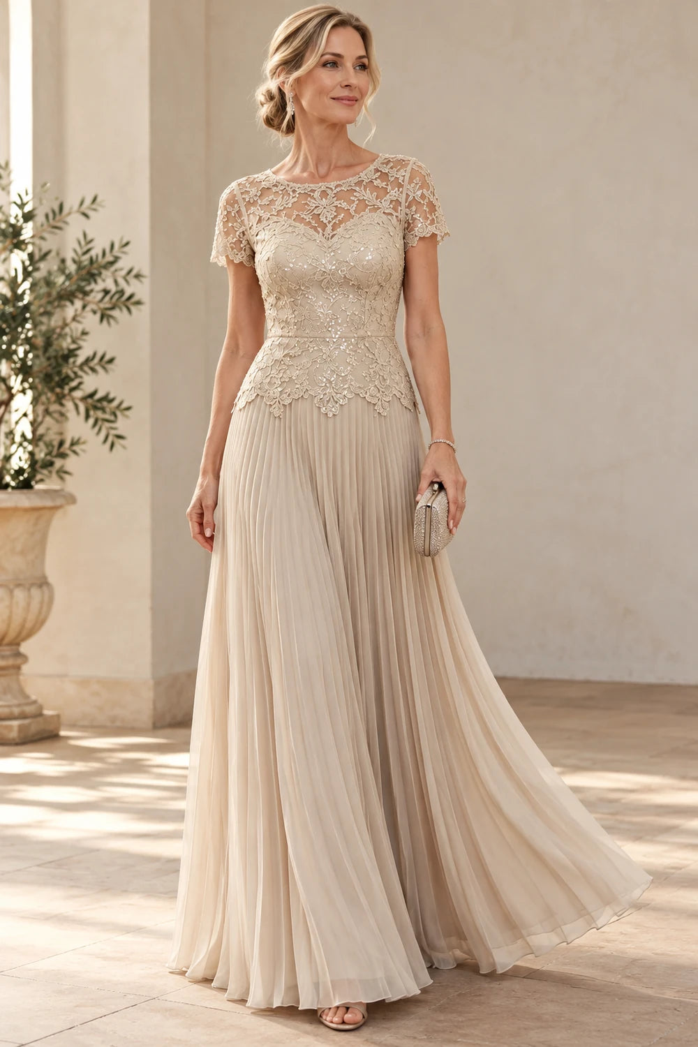 Lace Short Sleeve Pleated Chiffon Floor-Length Dress
