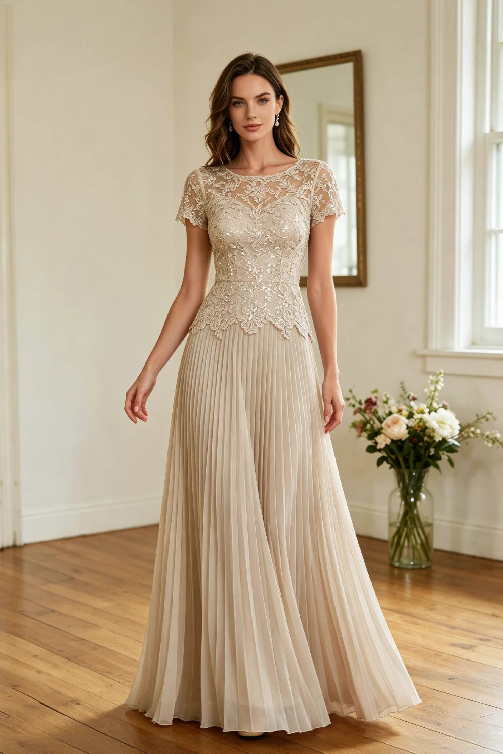 Champagne Lace Short Sleeve Pleated Chiffon Floor-Length Dress