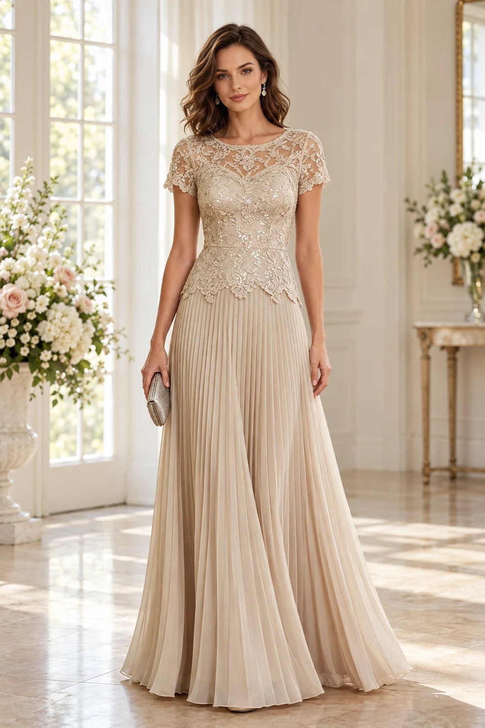 Lace Short Sleeve Pleated Chiffon Floor-Length Dress