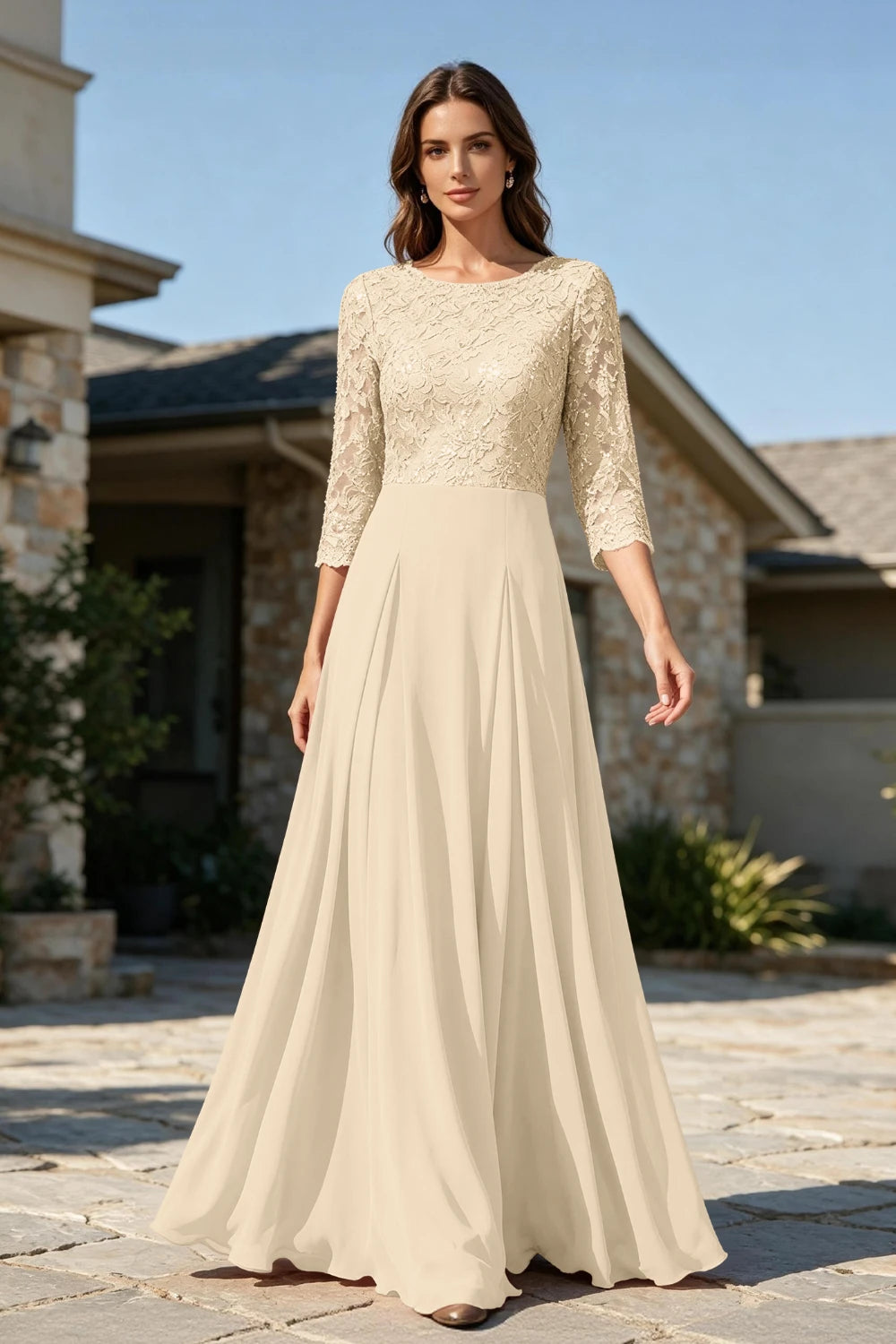 Dusty Rose Lace Three-Quarter Sleeve Pleated Chiffon Floor-Length Dress