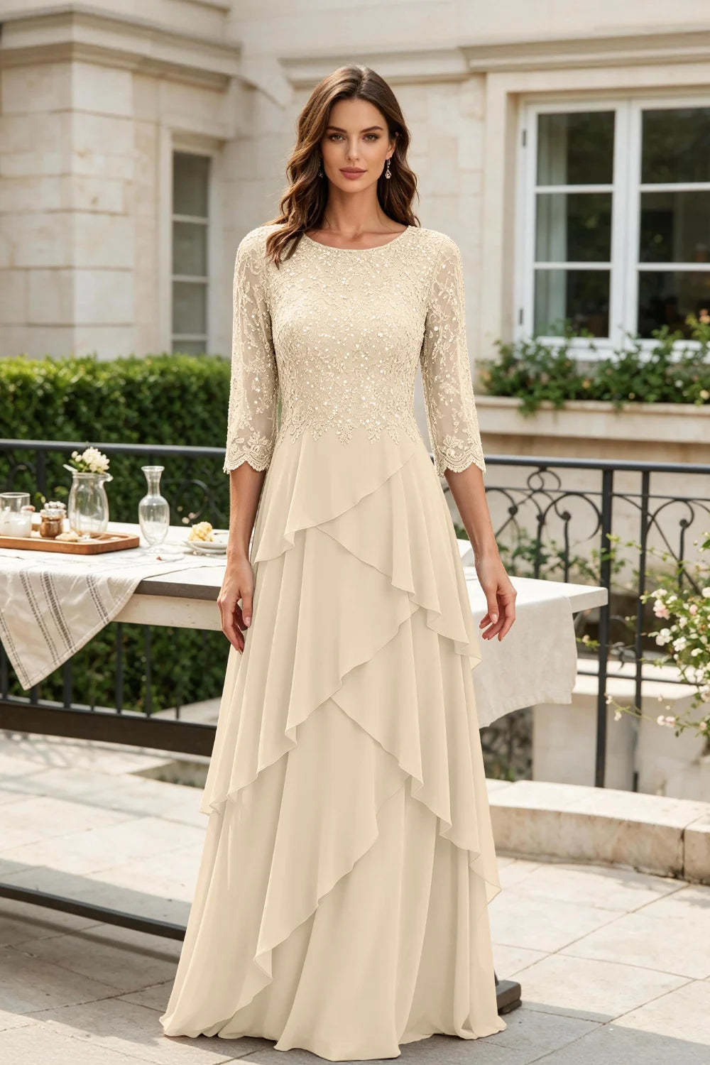 Gray Sequin Lace Bodice Three-Quarter Sleeve Tiered Ruffle Chiffon Floor-Length Dress