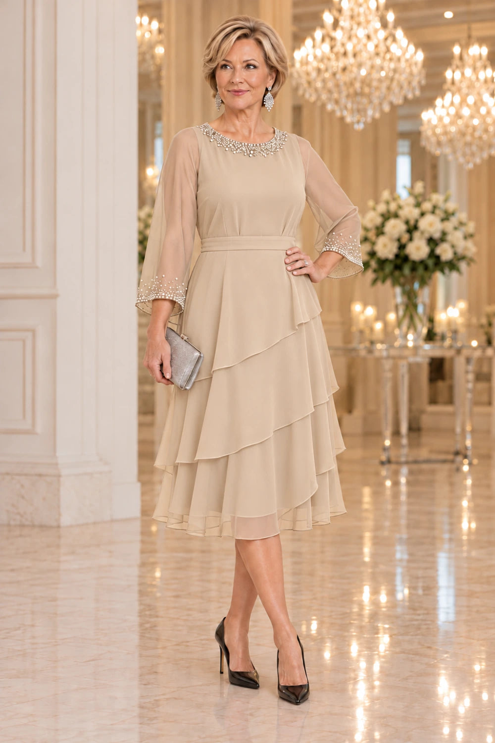 Champagne midi dress with decorated round neckline, sheer three-quarter sleeves and diagonal skirt tiers, front view.