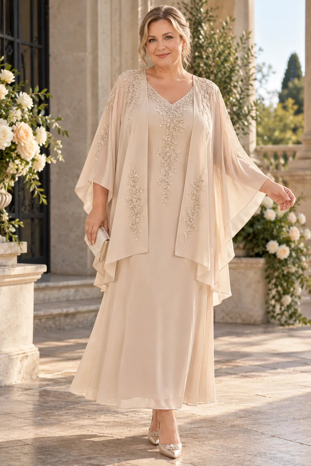 Champagne Embellished Tiered Overlay Mother of the Bride Dress