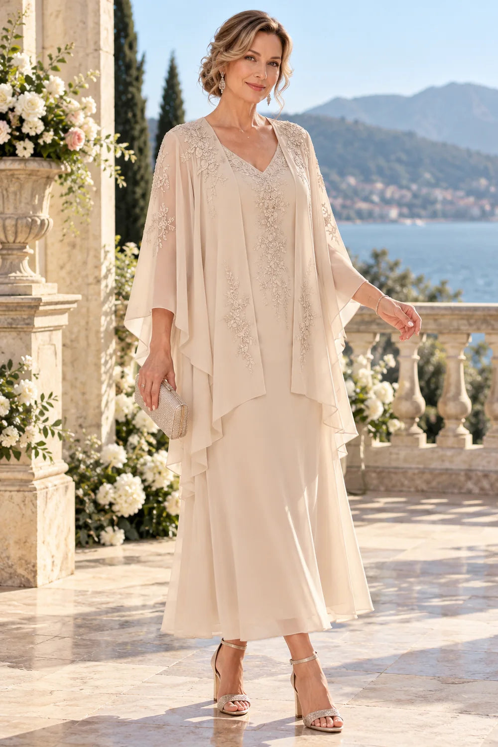 Champagne Embellished Tiered Overlay Mother of the Bride Dress