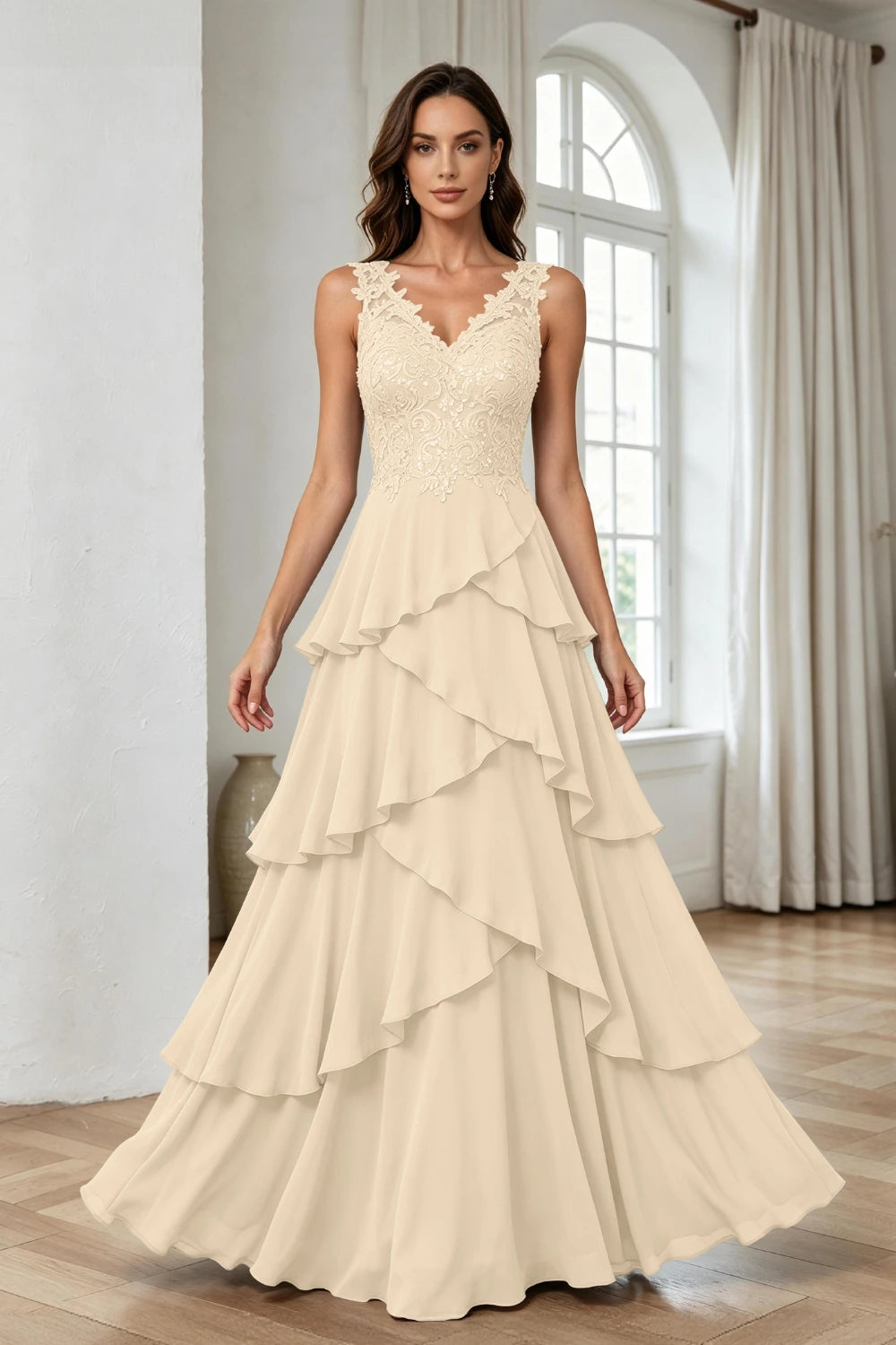 Silver Gray Lace Sleeveless Tiered Chiffon Floor-Length Dress