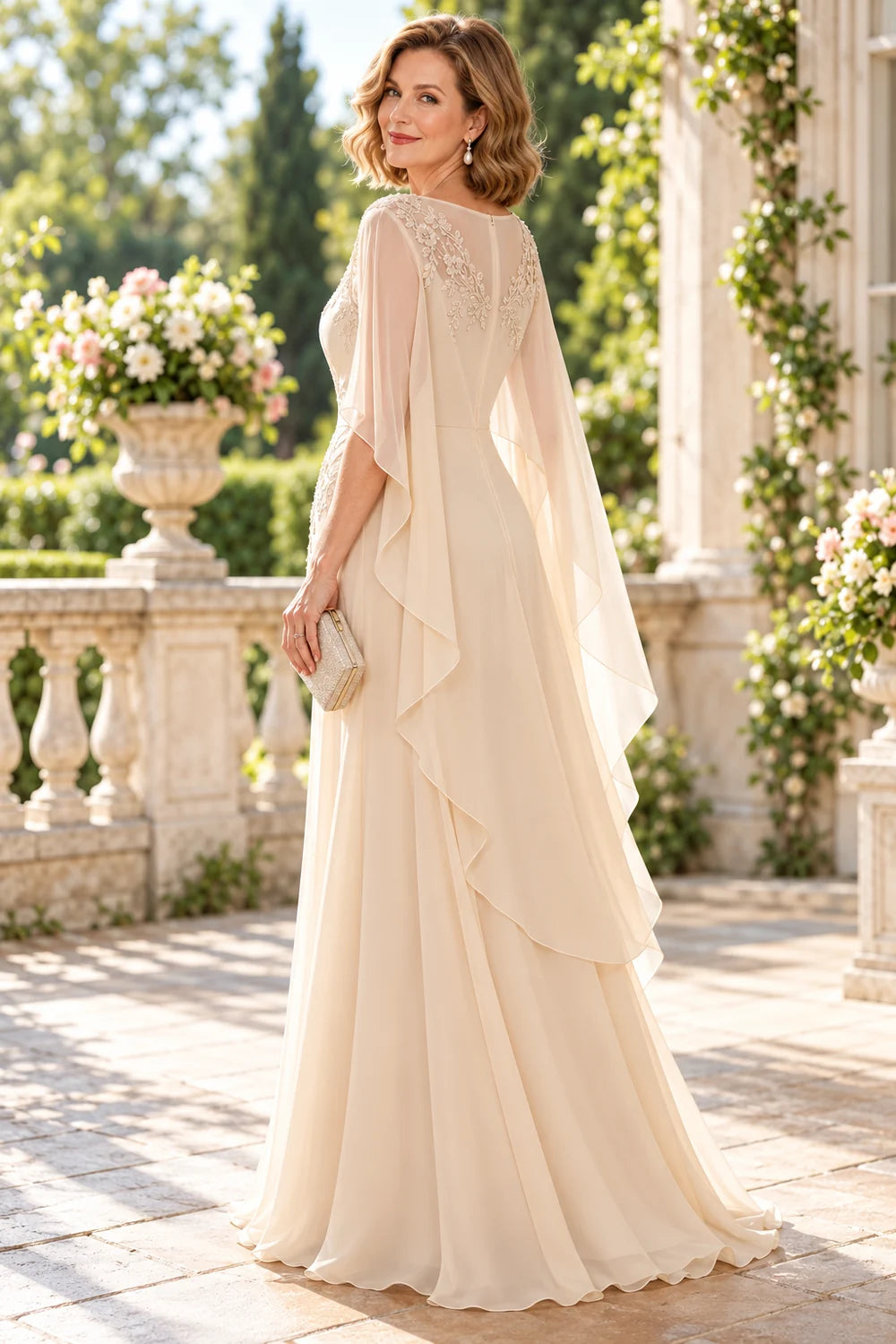 Champagne Lace V-Neck Cape Mother of the Bride Dress