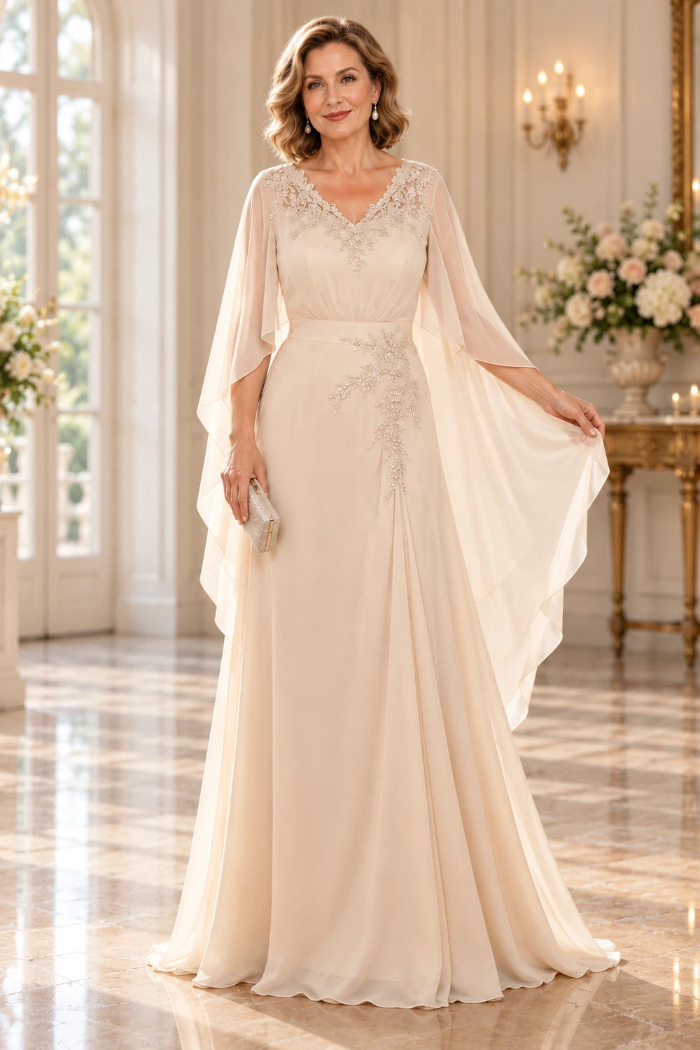 Champagne Lace V-Neck Cape Mother of the Bride Dress