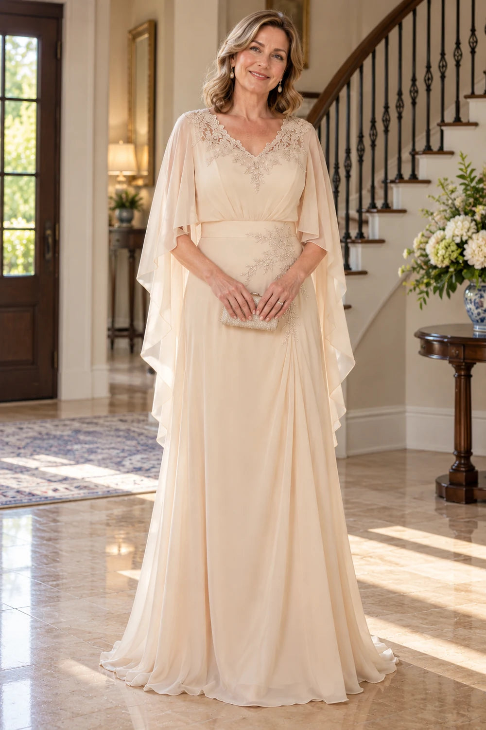 Champagne Lace V-Neck Cape Mother of the Bride Dress