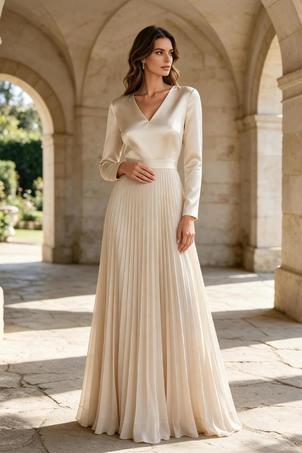 Champagne Satin Long Sleeve Knife-Pleated Chiffon Floor-Length Dress